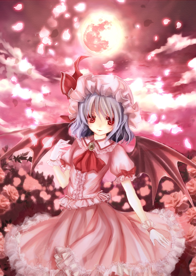 nozomi fuuten, remilia scarlet, touhou, bad id, bad pixiv id, 1girl, ascot, bat wings, blue hair, brooch, cowboy shot, dress, female focus, flower, full moon, hat, jewelry, looking at viewer, mob cap, moon, moonlight, petals, pink dress, puffy short sleeves, puffy sleeves, red eyes, red moon, rose, rose petals, short hair, short sleeves, skirt, skirt set, smile, solo, wings, wrist cuffs