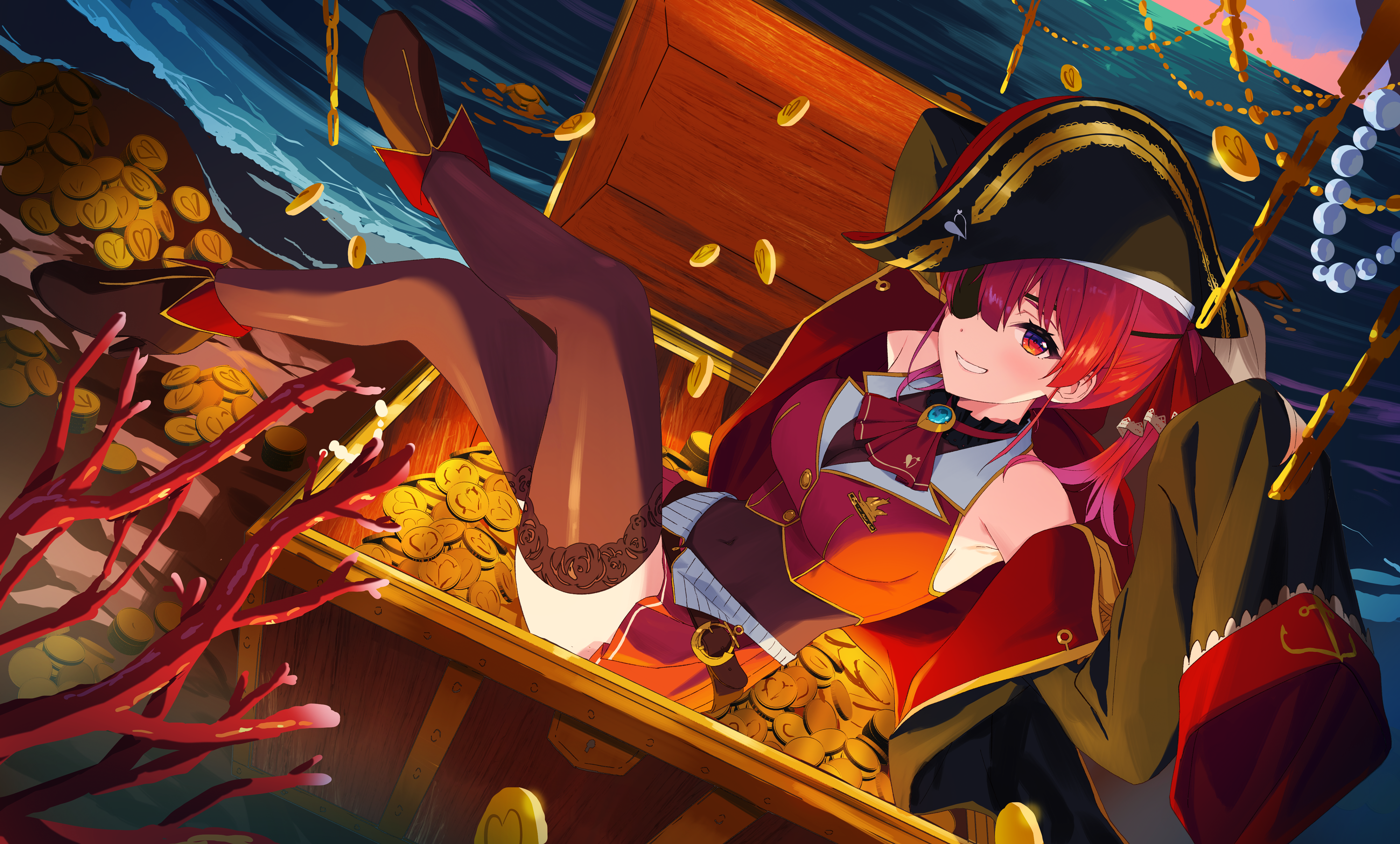 houshou marine, houshou marine (1st costume), hololive, commentary, english commentary, highres, 1girl, akibare (mmpv2224), ascot, bare shoulders, black coat, black hat, blush, boots, breasts, brown boots, brown thighhighs, coat, coin, coral, covered navel, cropped jacket, eyepatch, full body, gloves, grin, hat, jacket, large breasts, leotard, leotard under clothes, long hair, long sleeves, looking at viewer, miniskirt, ocean, off shoulder, open clothes, open coat, outdoors, pirate hat, pleated skirt, red ascot, red eyes, red hair, red jacket, red skirt, see-through clothes, see-through leotard, sitting, skirt, sleeveless, sleeveless jacket, smile, solo, thighhighs, treasure chest, twintails, virtual youtuber, white gloves