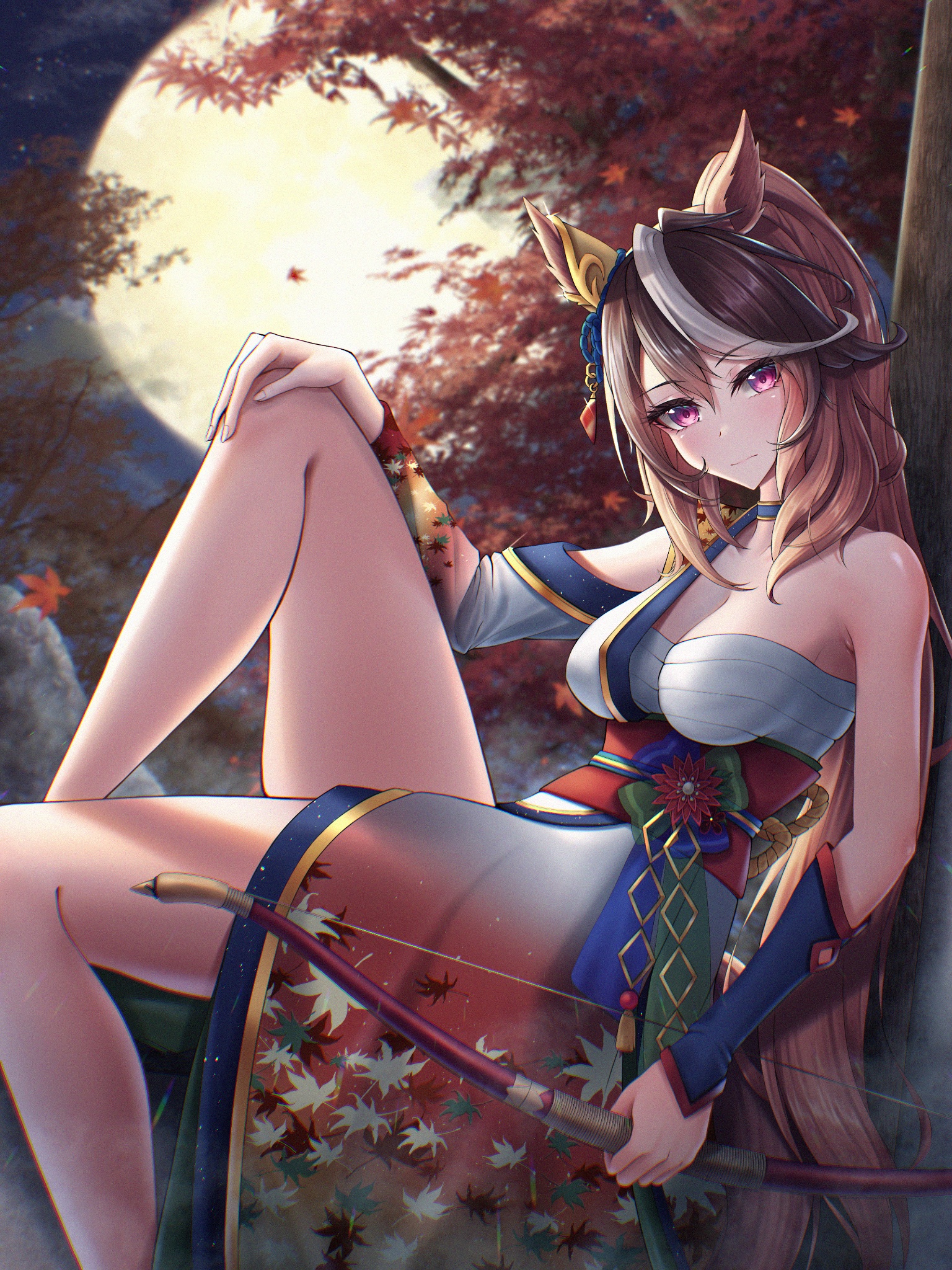 nazimi (sickly7), symboli rudolf (archer of the white moon) (umamusume), symboli rudolf (umamusume), umamusume, highres, 1girl, animal ears, blush, bow (weapon), breasts, brown hair, chest sarashi, closed mouth, ear covers, ear ornament, full moon, hadanugi dousa, hair between eyes, holding, holding bow (weapon), holding weapon, horse ears, horse girl, horse tail, japanese clothes, kimono, knee up, leaf, long hair, looking at viewer, maple leaf, moon, multicolored hair, night, night sky, official alternate costume, open kimono, outdoors, ponytail, purple eyes, sarashi, single ear cover, sky, solo, streaked hair, tail, tree, weapon, white hair