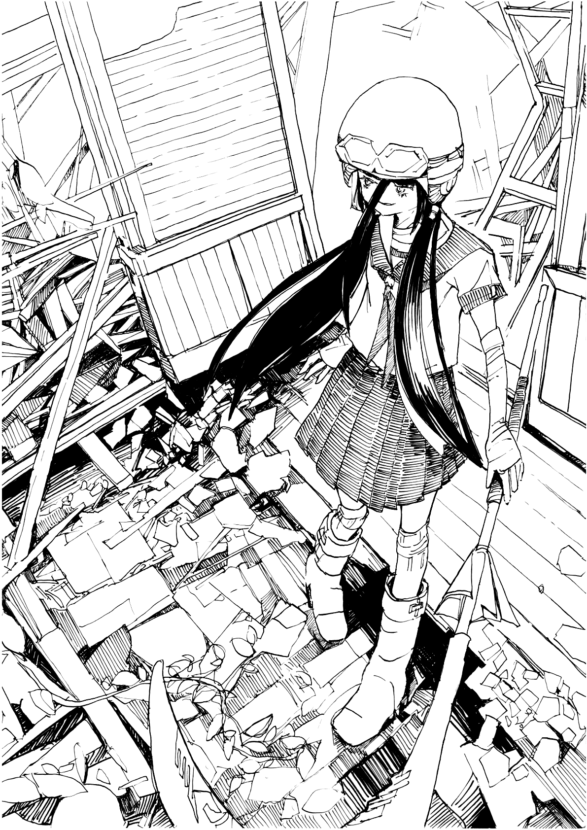 original, hashtag-only commentary, highres, 1girl, boots, goggles, goggles on headwear, greyscale, helmet, lacrosse stick, long hair, monochrome, ruins, sailor collar, school uniform, serafuku, shirt, skirt, solo, ymmttm
