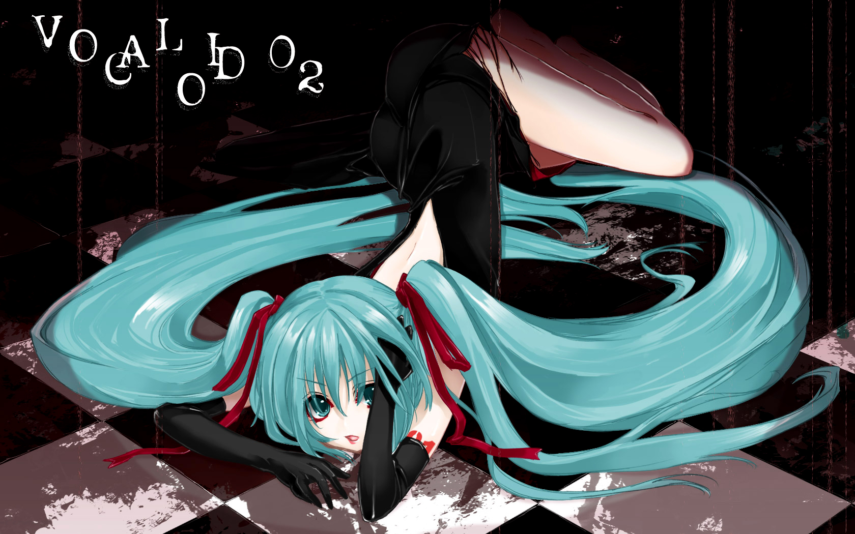 ask02, ask (artist), hatsune miku, vocaloid, highres, 1girl, aqua eyes, aqua hair, bare back, bent over, checkered floor, dress, elbow gloves, eyeshadow, female focus, floor, gloves, green eyes, green hair, hair ribbon, lipstick, long hair, lying, makeup, matching hair/eyes, pale skin, perspective, ribbon, skinny, solo, twintails, very long hair