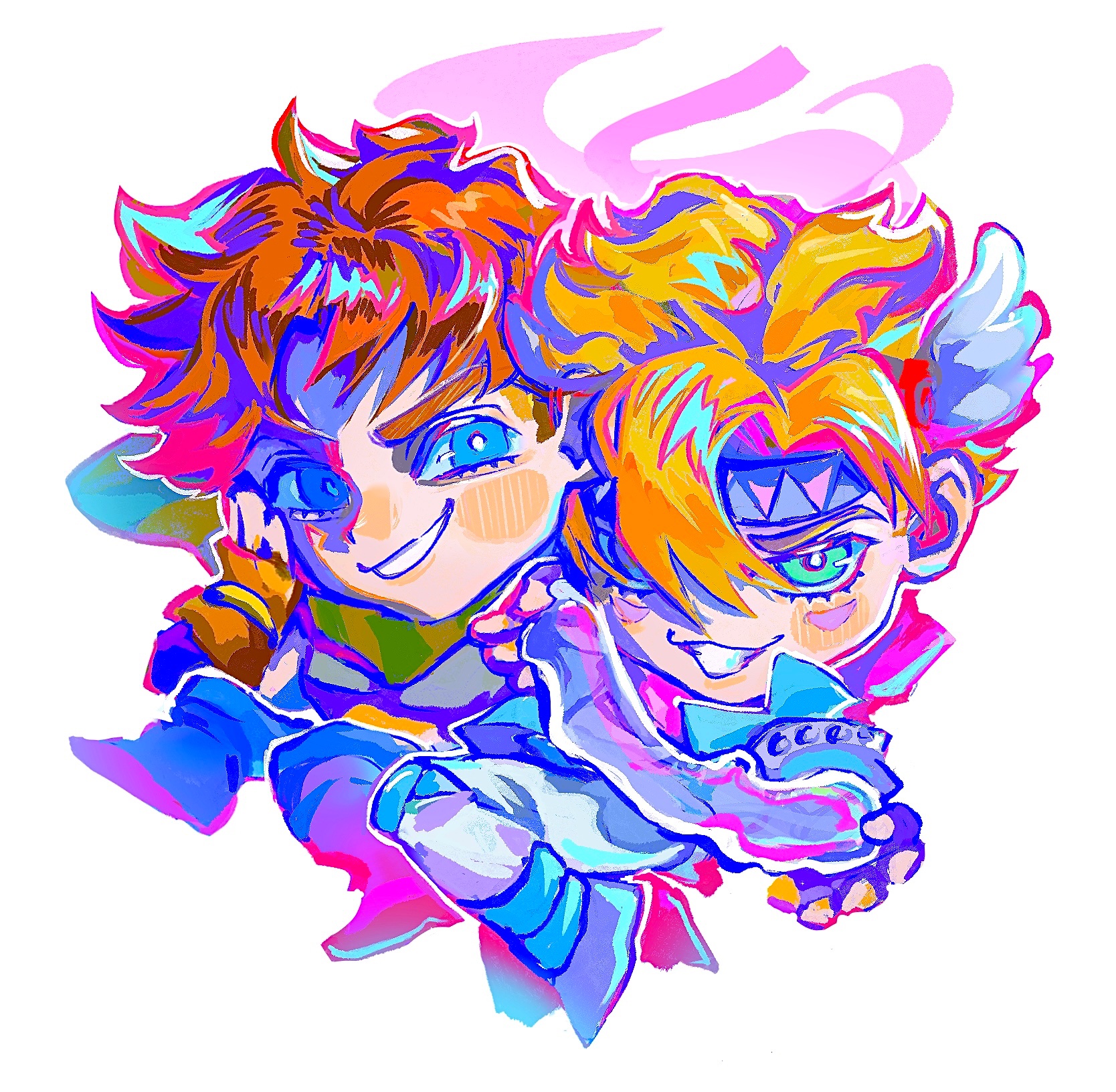 uu0000322, caesar anthonio zeppeli, joseph joestar, joseph joestar (young), battle tendency, jojo no kimyou na bouken, highres, 2boys, aqua eyes, blonde hair, blue eyes, blue gloves, blue jacket, blue pants, blue shoes, brown gloves, brown hair, chibi, chibi only, facial mark, feathers, fingerless gloves, gloves, green scarf, grey shirt, grin, hair ornament, head wings, headband, hydrokinesis, jacket, knee pads, male focus, multiple boys, pants, pink scarf, popped collar, purple headband, scarf, shirt, shoes, short hair, simple background, smile, striped clothes, striped scarf, triangle print, water, white background, white pants, wing hair ornament, wings, yellow scarf