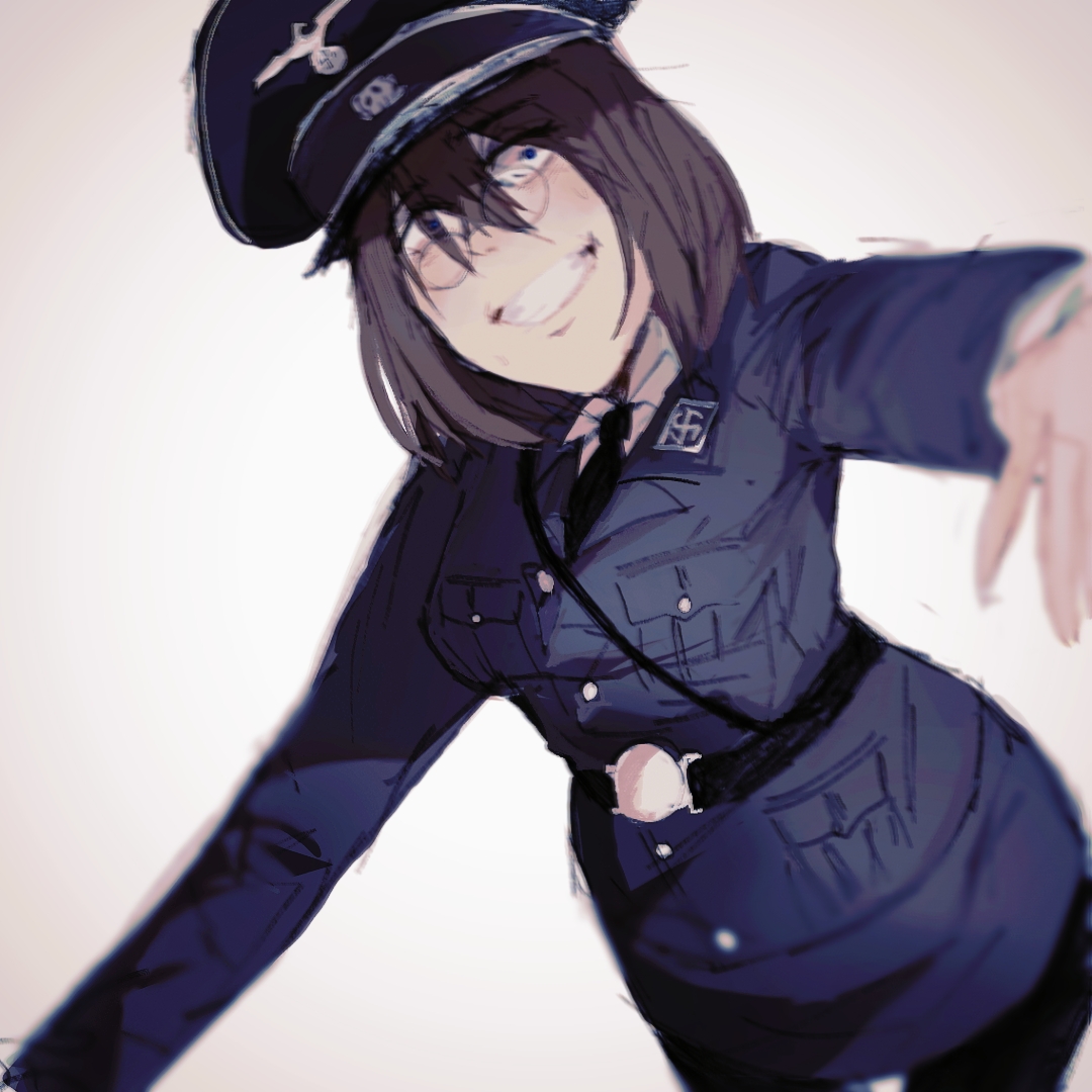 heinrich luitpold himmler, hearts of iron, the new order: last days of europe, 1girl, black bow, black bowtie, blue eyes, blurry, bow, bowtie, broken sun cross, brown hair, burgundy (tno), collared shirt, evil smile, genderswap, genderswap (mtf), lapels, long sleeves, military uniform, outstretched arms, reichsadler, round eyewear, shirt, smile, solo, swastika, totenkopf, vxaf3884, waffen-ss