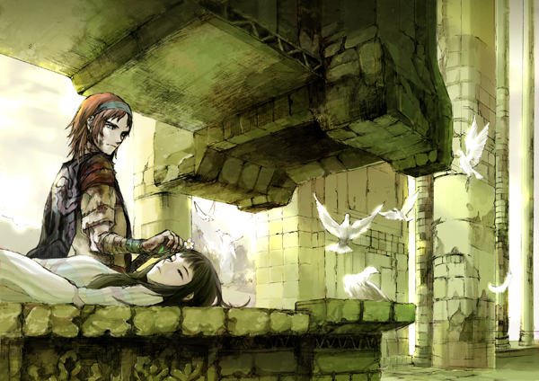 naoe marimo, mono (shadow of the colossus), wander (shadow of the colossus), shadow of the colossus, 1boy, 1girl, bandages, bandana, bird, black hair, blood, brown hair, closed eyes, couple, death, dress, flower, game console, long hair, lying, playstation 2, poncho, surcoat, temple