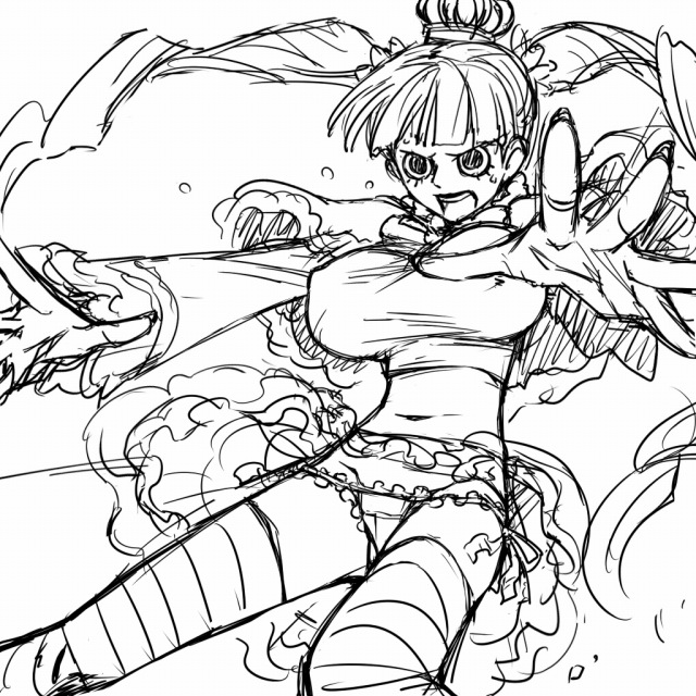 mosha, perona, one piece, 1girl, alternate legwear, breasts, female focus, greyscale, huge breasts, long hair, monochrome, panties, solo, striped clothes, striped thighhighs, thighhighs, twintails, underwear