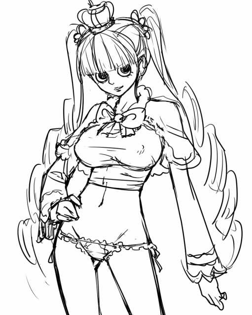 mosha, perona, one piece, 1girl, crown, female focus, greyscale, long hair, monochrome, panties, solo, twintails, underwear