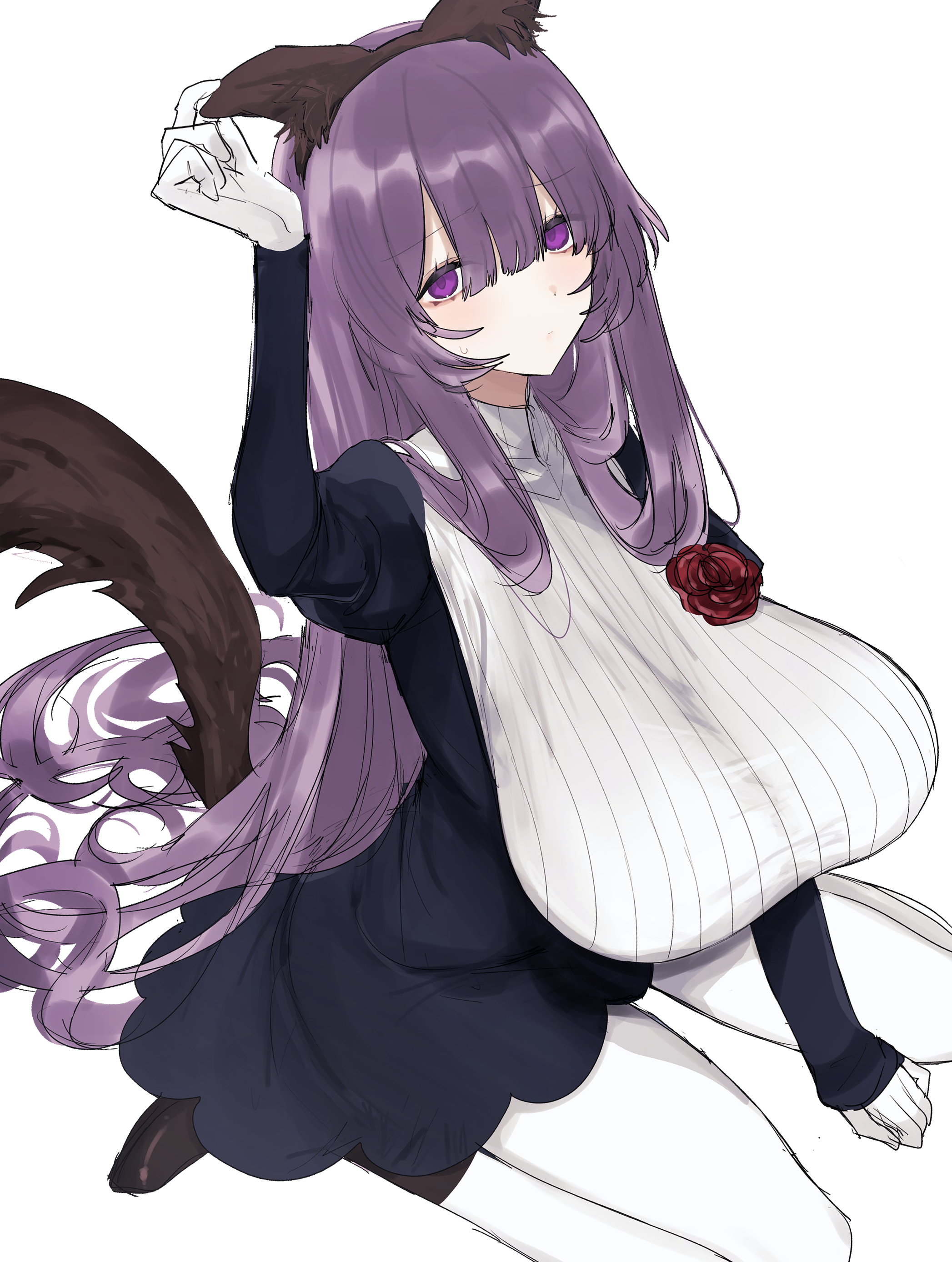 eurasia (wtp09ptw14), francoise (eurasia), original, absurdres, commentary request, highres, 1girl, animal ear hairband, animal ears, arm up, black dress, breasts, closed mouth, dog ear hairband, dog ears, dog tail, double-parted bangs, dress, fake animal ears, fake tail, flower, full body, gloves, hair between eyes, hairband, huge breasts, long hair, long sleeves, looking at viewer, purple eyes, purple hair, red flower, red rose, ribbed sweater, rose, simple background, sitting, solo, sweater, sweater under dress, tail, turtleneck, turtleneck sweater, very long hair, wariza, white background, white gloves, white sweater