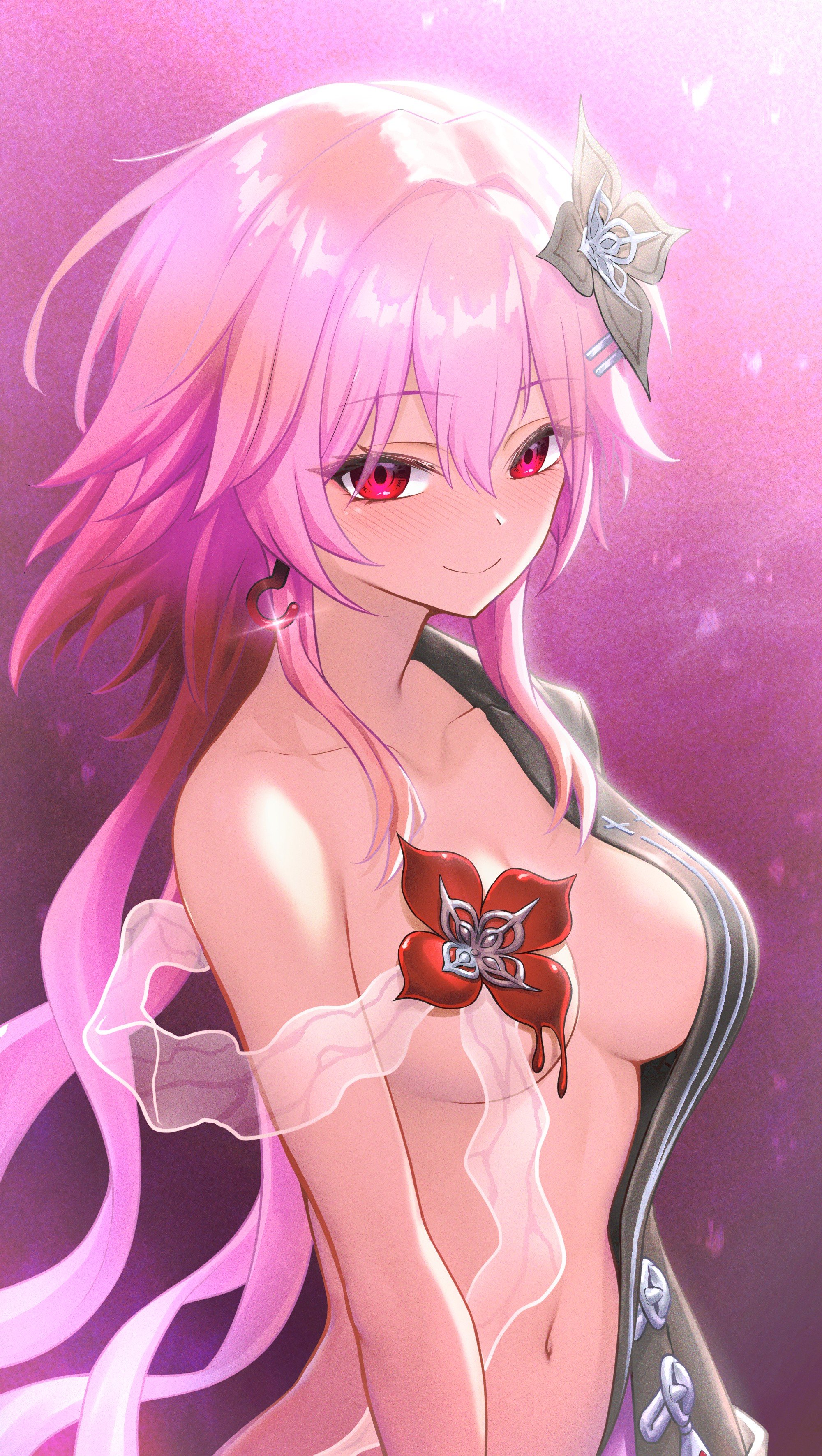 royboy, evernight (honkai: star rail), march 7th (honkai: star rail), honkai: star rail, honkai (series), absurdres, commentary, highres, symbol-only commentary, 1girl, black flower, closed mouth, collarbone, convenient censoring, earrings, flower, hair between eyes, hair flower, hair ornament, jewelry, light blush, long hair, looking at viewer, navel, nude, open clothes, pink hair, red eyes, red flower, smile, solo, stomach
