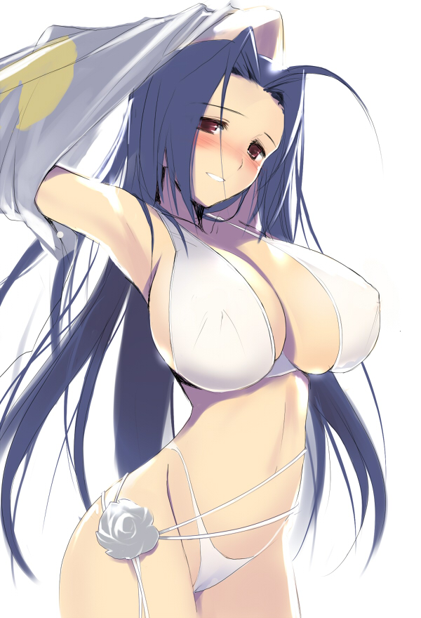 ui (kirin), miura azusa, idolmaster, idolmaster (classic), idolmaster 1, bad id, bad pixiv id, 00s, 1girl, armpits, arms up, bikini, blue hair, blush, breasts, cleavage, female focus, huge breasts, long hair, red eyes, solo, swimsuit, white bikini