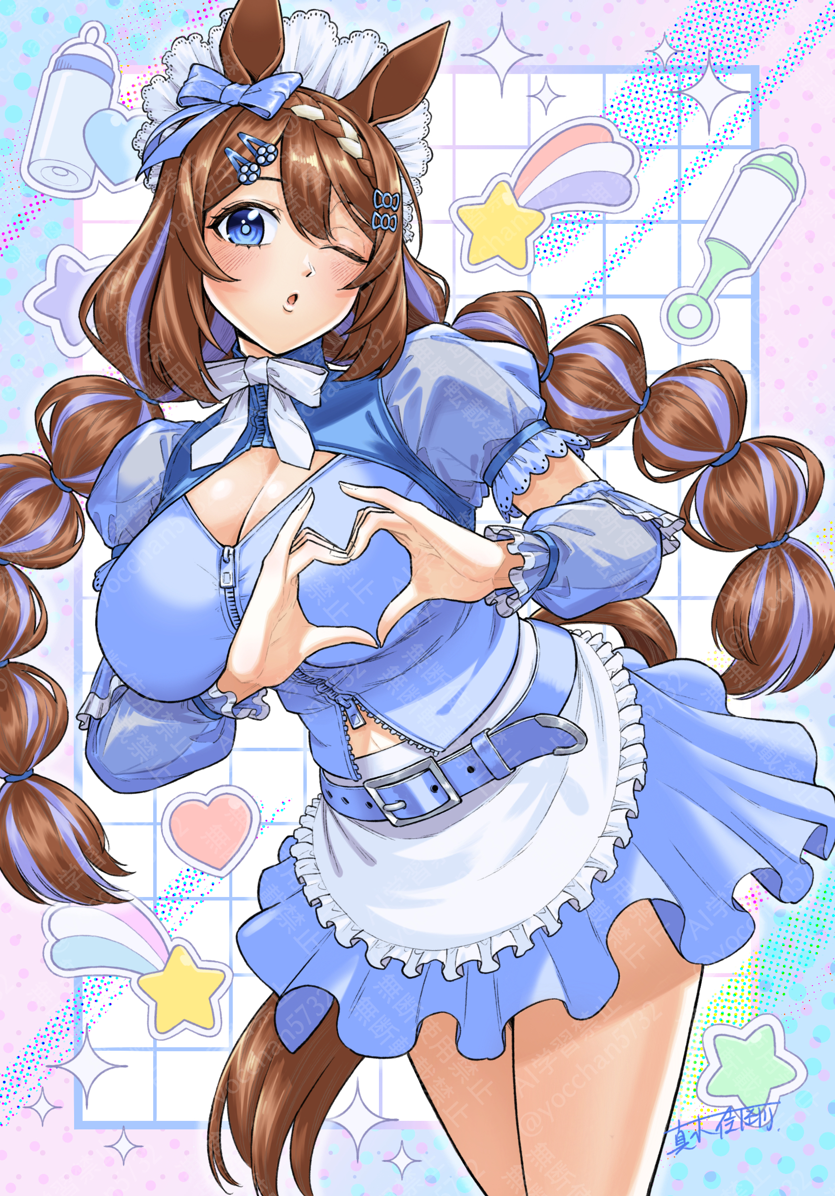 maki yoshitake, super creek (umamusume), umamusume, highres, 1girl, alternate costume, animal ears, apron, arm warmers, baby bottle, belt, blue belt, blue eyes, blue hair, blue jacket, blue skirt, blue sleeves, blush, bottle, bow, braid, breasts, brown hair, cleavage, cleavage cutout, clothing cutout, detached sleeves, ear bow, ear ornament, four-finger heart hands, frilled apron, frills, hair between eyes, hair ornament, hairclip, heart, heart hands, horse ears, horse girl, horse tail, jacket, jersey maid, large breasts, long hair, looking at viewer, maid, maid apron, maid headdress, multicolored hair, navel, one eye closed, open mouth, parted lips, rattle, short sleeves, skirt, solo, star (symbol), streaked hair, tail, track jacket, twintails, unconventional maid, very long hair, waist apron, white apron, white hair, white headdress