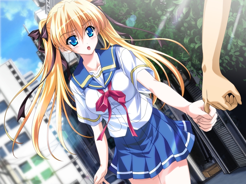 tsukasa yuuki, celes alford, natsumegu, game cg, non-web source, 1girl, blonde hair, blue eyes, dragging, dutch angle, long hair, male hand, school uniform, twintails
