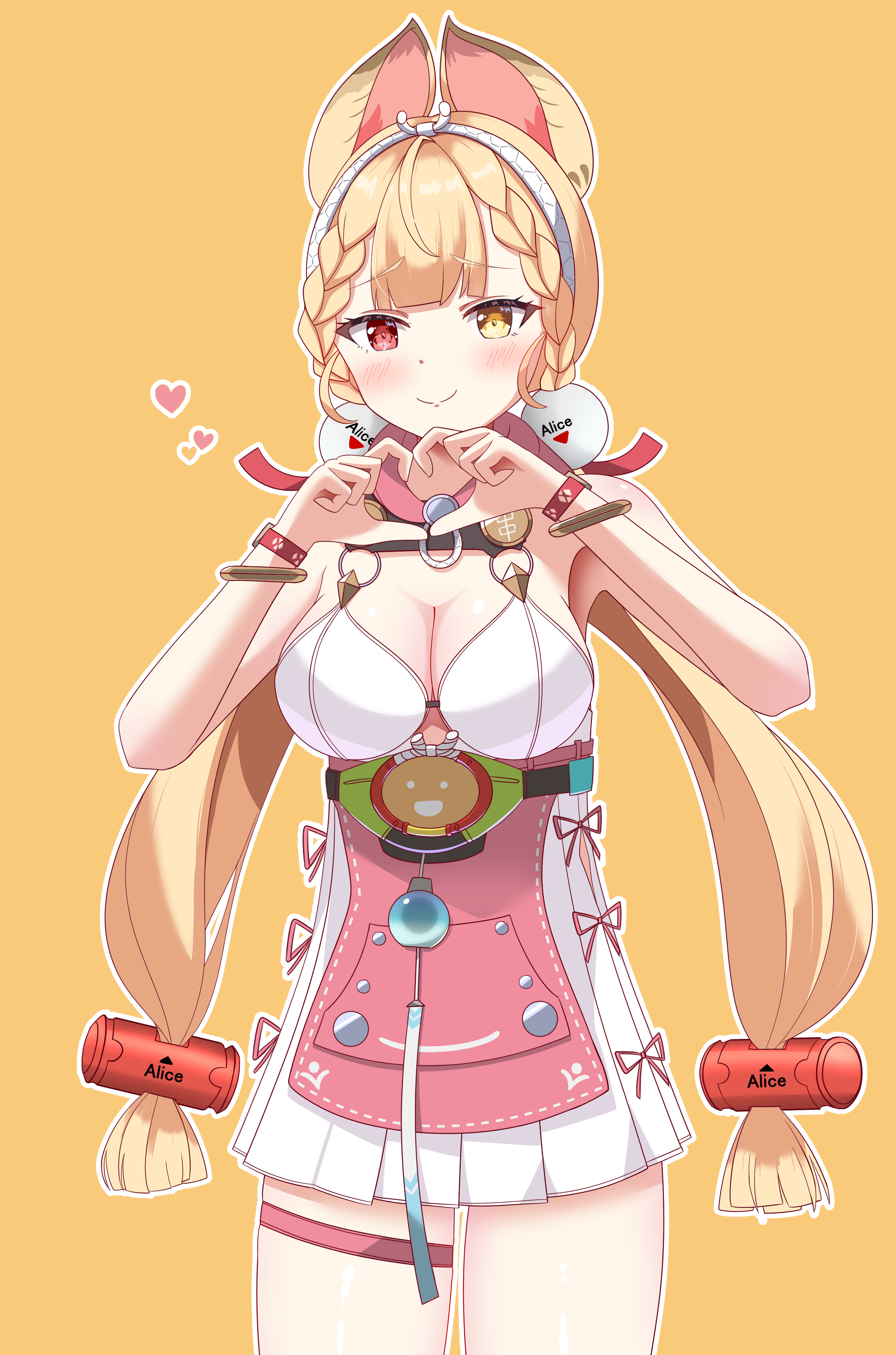 niwashi nero, alice thymefield, alice thymefield (sea of thyme), zenless zone zero, absurdres, highres, 1girl, animal ears, blonde hair, blush, breasts, cleavage, four-finger heart hands, heart, heart hands, heterochromia, large breasts, long hair, low twintails, official alternate costume, rabbit ears, rabbit girl, red eyes, smile, solo, thigh strap, twintails, very long hair, yellow background, yellow eyes