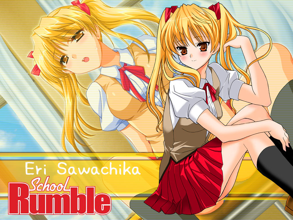 sawachika eri, school rumble, non-web source, 00s, 1girl, blonde hair, blush, character name, copyright name, dutch angle, female focus, indoors, long hair, orange hair, puffy short sleeves, puffy sleeves, school uniform, short sleeves, sitting, smile, socks, solo, twintails, yellow eyes