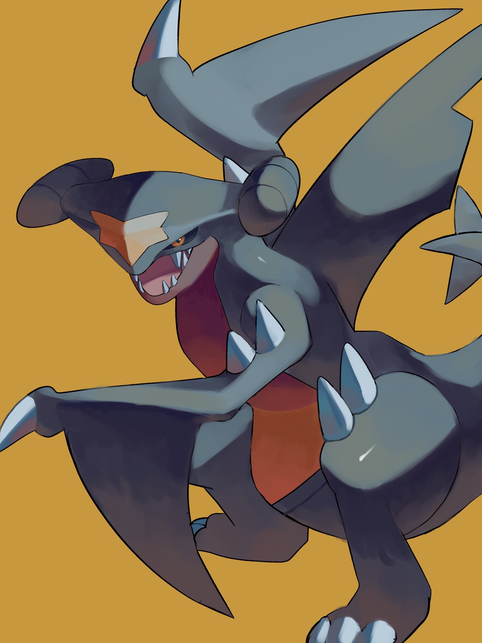 p9kfxaofqi54546, garchomp, nintendo, pokemon, highres, black sclera, claws, colored sclera, dragon, fangs, fins, gen 4 pokemon, looking at viewer, no humans, open mouth, pokemon (creature), pokemon focus, sharp teeth, simple background, spikes, teeth, yellow eyes