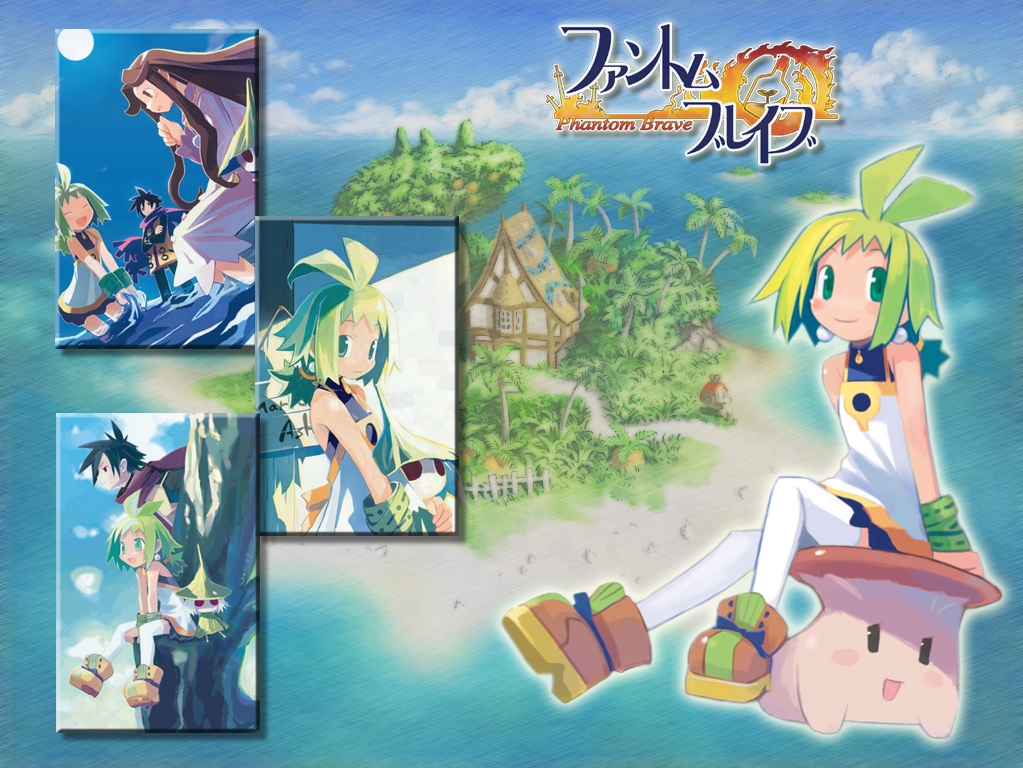 harada takehito, ash (phantom brave), castille, castille (phantom brave), eringya (marl kingdom), marona (phantom brave), putty, putty (phantom brave), marl kingdom, nippon ichi, phantom brave, 1boy, 2girls, blue hair, brown eyes, brown hair, dress, earrings, green eyes, green hair, jewelry, multiple girls, short hair