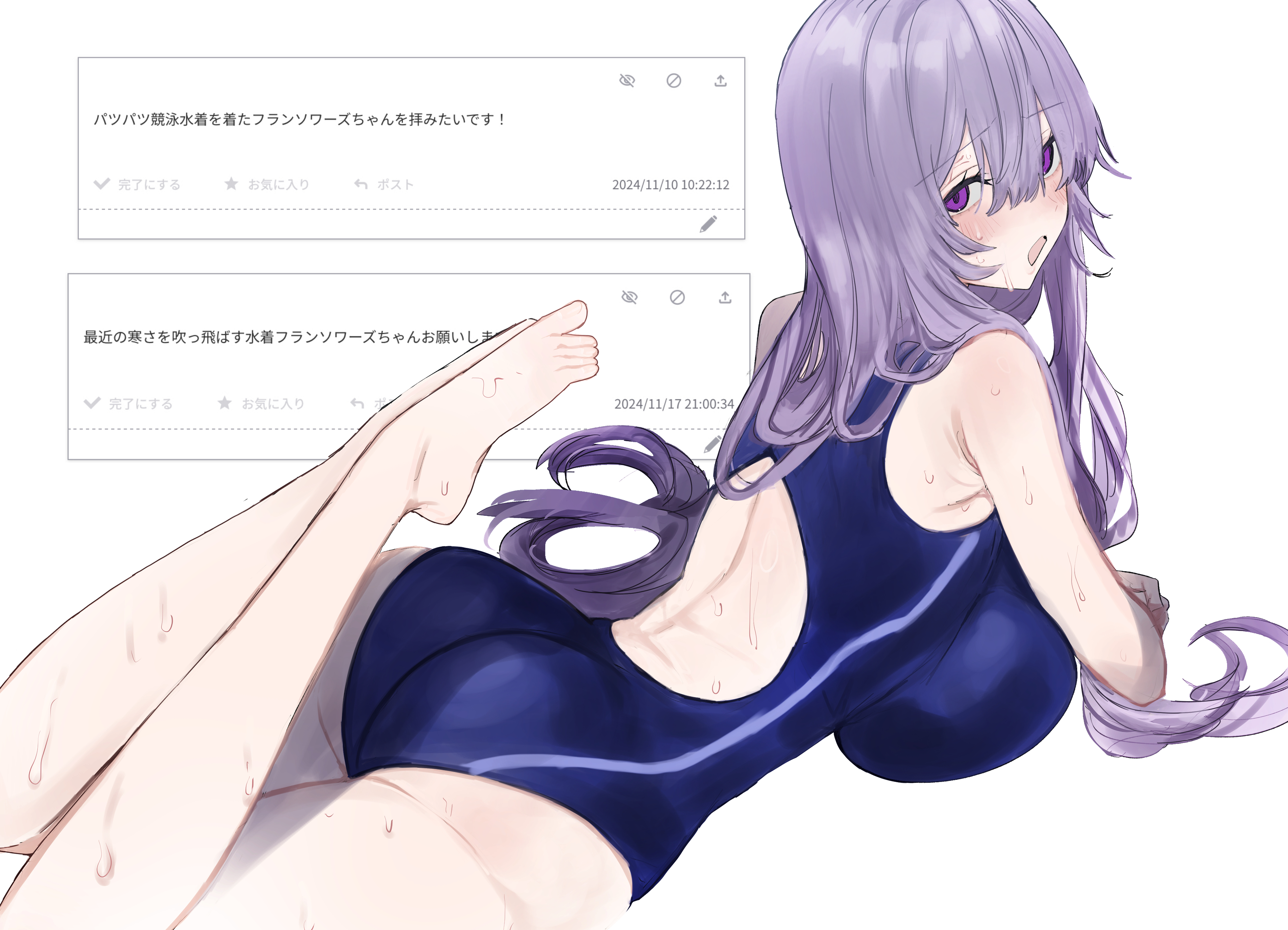eurasia (wtp09ptw14), francoise (eurasia), original, absurdres, commentary request, highres, translation request, 1girl, armpit crease, ass, back, barefoot, blue one-piece swimsuit, blush, breasts, competition swimsuit, double-parted bangs, feet, from behind, full body, hair between eyes, large breasts, long hair, looking at viewer, looking back, lying, on stomach, one-piece swimsuit, open mouth, purple eyes, purple hair, racerback, request inset, simple background, solo, swimsuit, toes, wet, white background