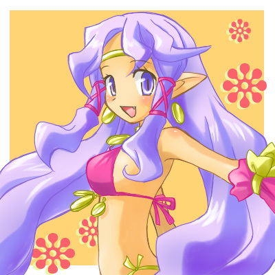 cheerleader (disgaea), disgaea, makai senki disgaea 2, makai senki disgaea 3, nippon ichi, lowres, 1girl, bikini, breasts, demon girl, earrings, female focus, jewelry, long hair, medium breasts, pointy ears, purple eyes, purple hair, side-tie bikini bottom, solo, swimsuit, tan