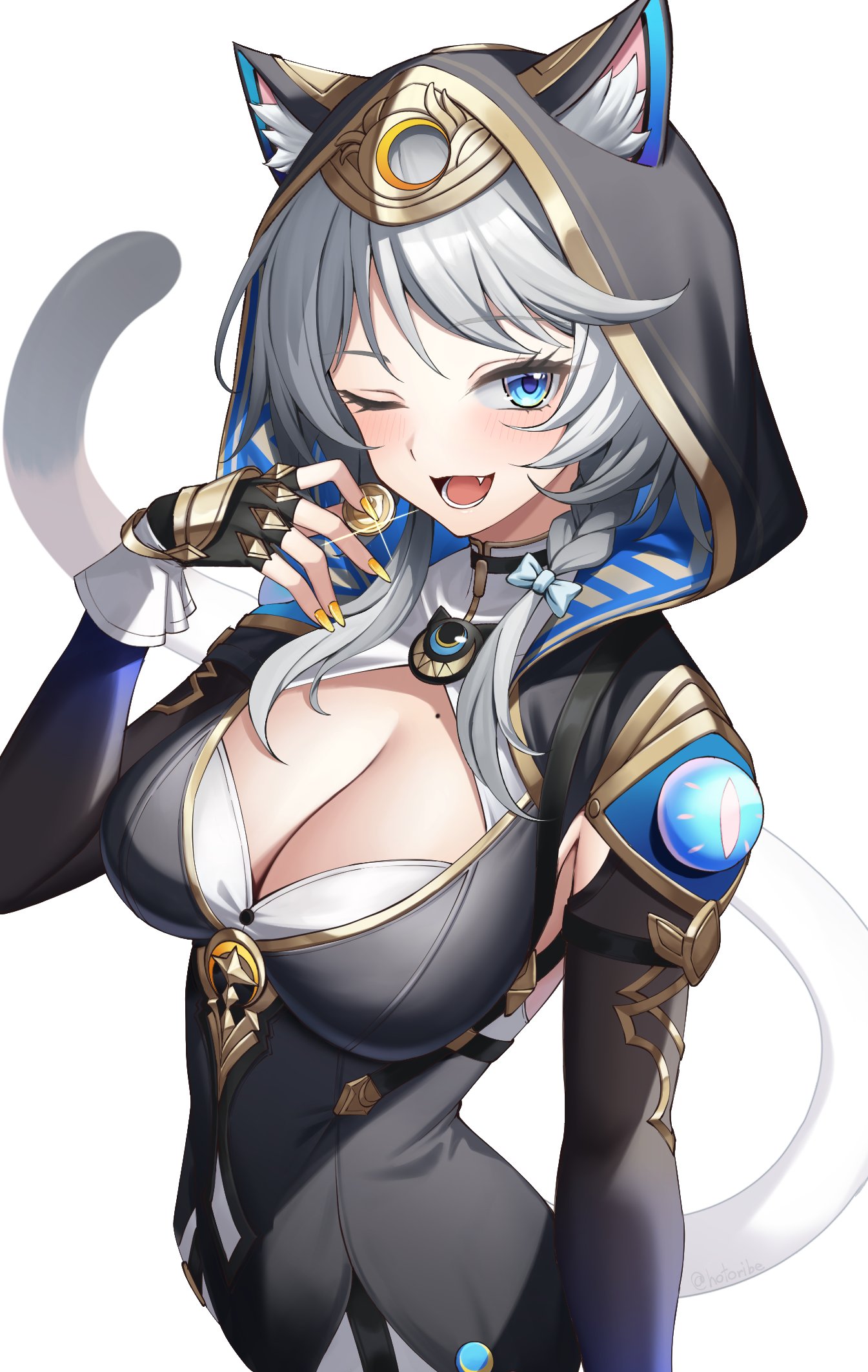 agibe, cipher (honkai: star rail), honkai: star rail, honkai (series), highres, 1girl, animal ear fluff, animal ears, black gloves, blue eyes, blush, braid, breasts, cat ears, cat girl, cat tail, cleavage, coin, fingerless gloves, gloves, gold coin, grey hair, holding, holding coin, hood, hood up, medium breasts, mole, mole on breast, one eye closed, open mouth, side braid, simple background, smile, solo, tail, white background, yellow nails