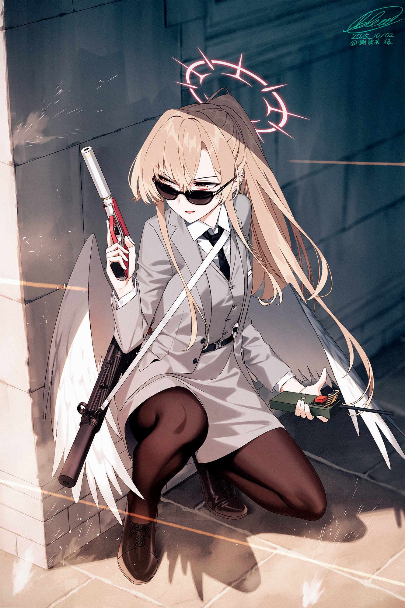 blew andwhite, nagisa (blue archive), blue archive, walther, commentary request, highres, 1girl, alternate costume, angel wings, black pantyhose, dated, feathered wings, formal clothes, full body, gun, gun sling, h&k mp5, h&k mp5sd, halo, handgun, holding, holding detonator, holding gun, holding weapon, long hair, looking to the side, low wings, necktie, on one knee, pantyhose, ponytail, projectile trail, shirt, signature, solo, submachine gun, suit, sunglasses, suppressor, walther ppk, weapon, white shirt, white wings, wings