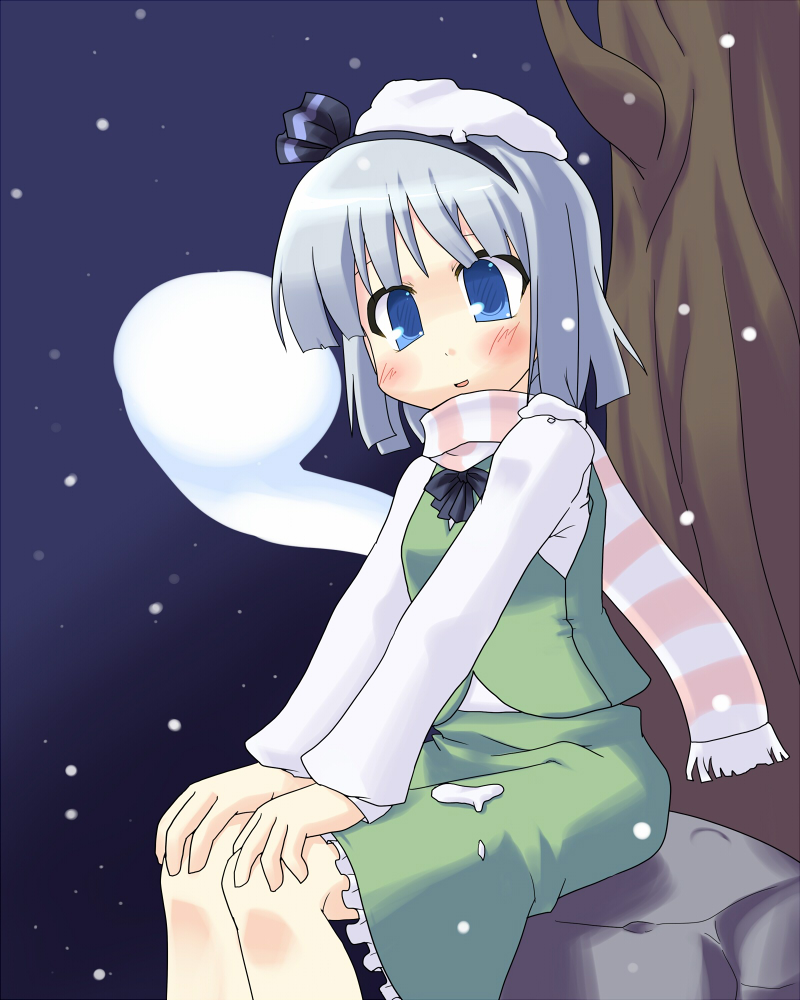 hujikok, konpaku youmu, konpaku youmu (ghost), touhou, bad id, bad pixiv id, 1girl, blush, female focus, hitodama, scarf, snow, solo, winter