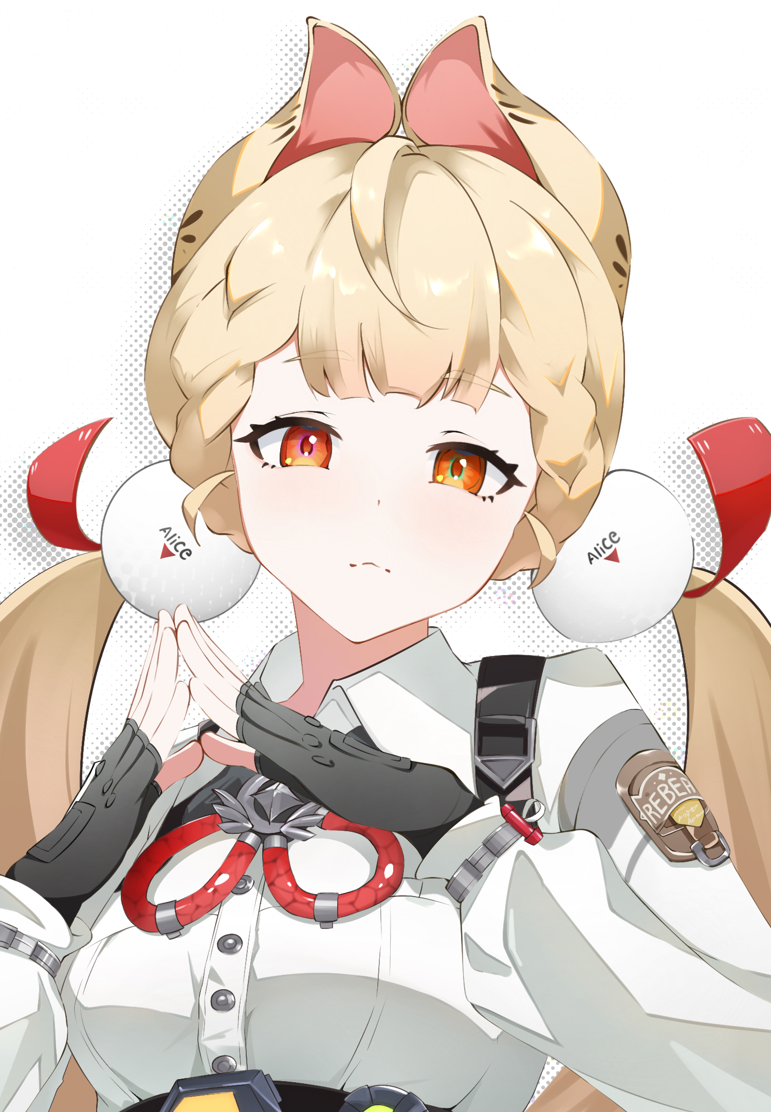 art eichi, alice thymefield, zenless zone zero, highres, 1girl, animal ears, black gloves, blonde hair, collared shirt, fingerless gloves, gloves, heterochromia, long hair, low twintails, rabbit ears, rabbit girl, red eyes, shirt, smile, solo, twintails, very long hair, white background, white shirt, yellow eyes