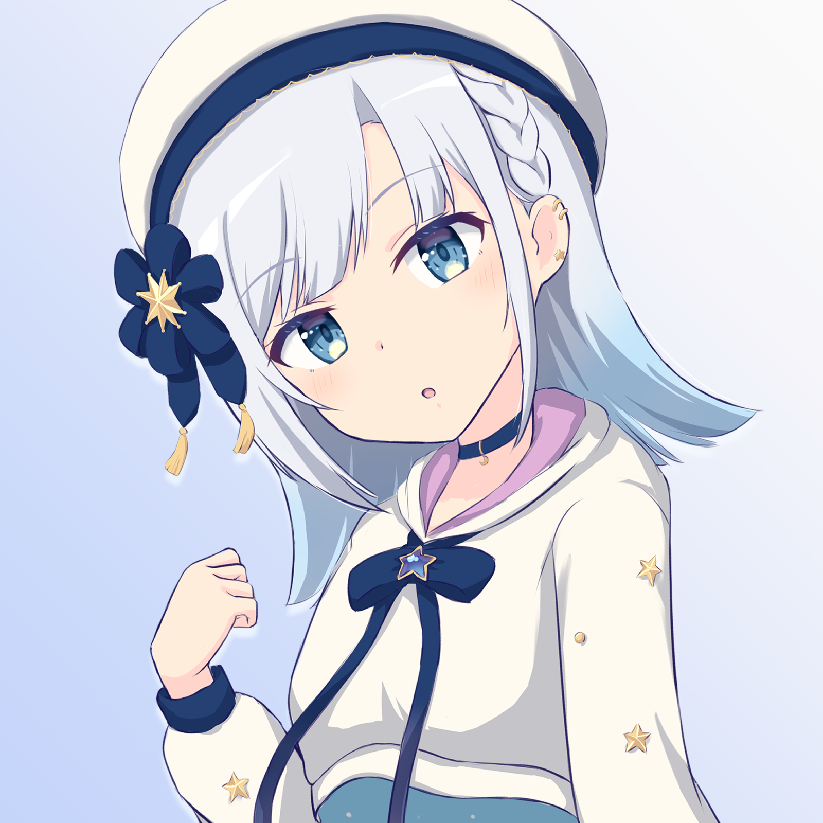 itoya 1108, asumi ririse, voicepeak, highres, 1girl, beret, blue eyes, braid, grey hair, hat, jacket, looking at viewer, medium hair, pantyhose, shirt, simple background