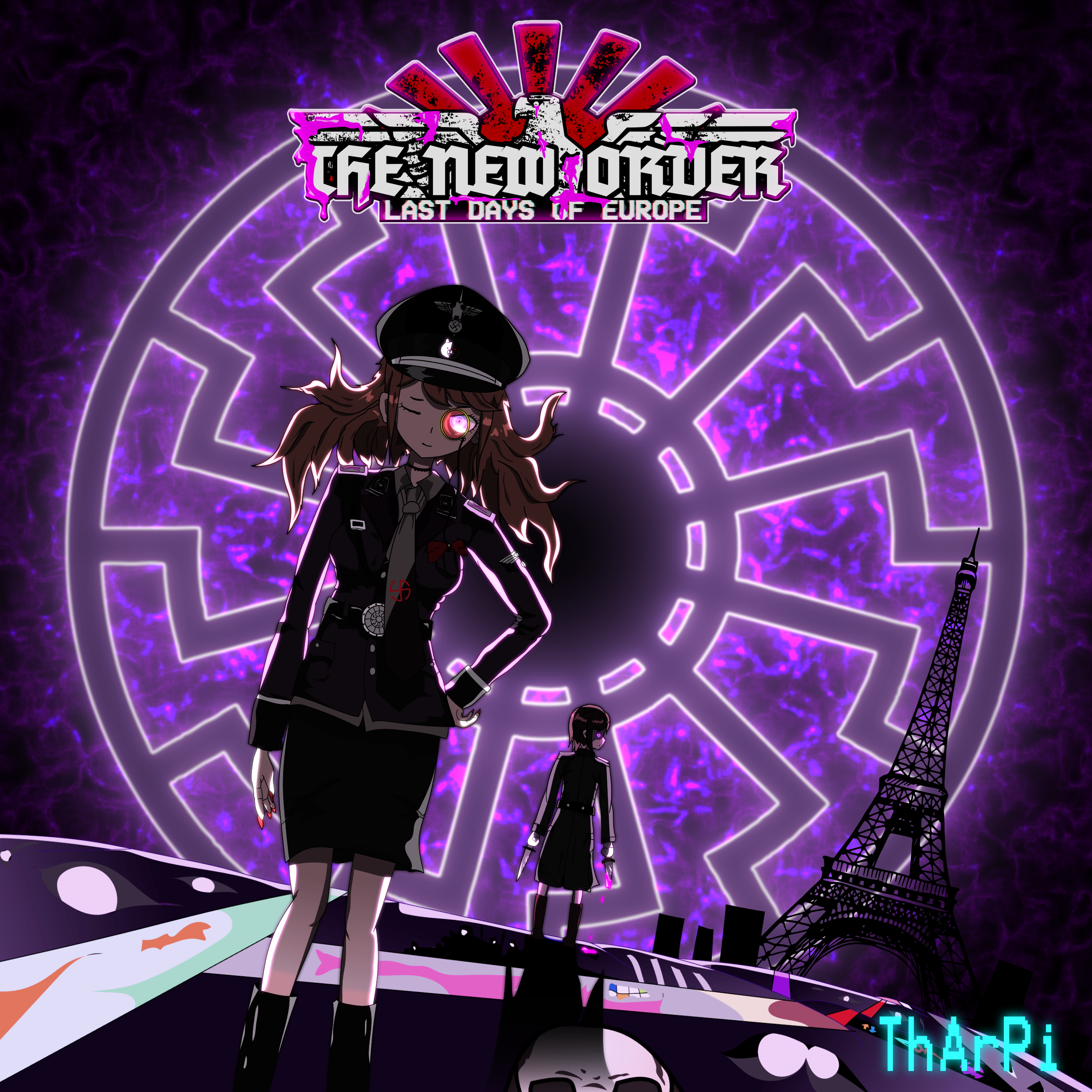 enoshima junko, heinrich luitpold himmler, ikusaba mukuro, monokuma, danganronpa (series), hearts of iron, the new order: last days of europe, absurdres, highres, 2girls, alternate costume, artist name, black sun, blood, bloody weapon, broken sun cross, burgundy (tno), copyright name, cosplay, efws3227, eiffel tower, glowing, glowing eye, heinrich luitpold himmler (cosplay), holding, holding knife, knife, miniskirt, monocle, monocle chain, multiple girls, nail polish, nazi, one eye closed, paris, reichsadler, skirt, sun, swastika, weapon