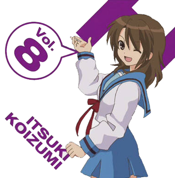 koizumi itsuki (female), suzumiya haruhi no yuuutsu, lowres, non-web source, third-party edit, 00s, 1girl, brown eyes, brown hair, character single, female focus, genderswap, genderswap (mtf), h (letter), one eye closed, school uniform, serafuku, short hair, solo, wink