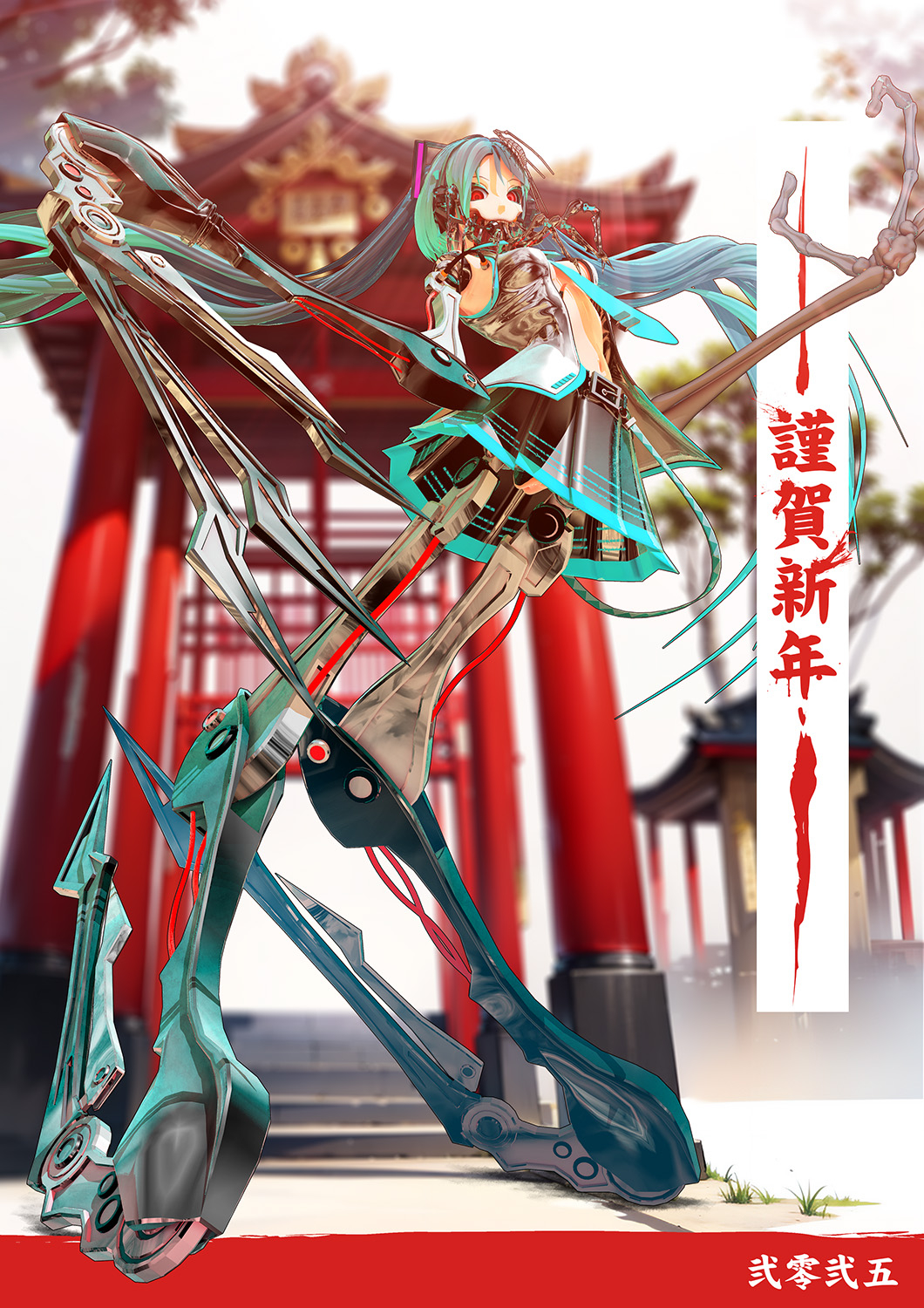 deino (deino3330), calne ca (deino), hatsune miku, nato-kun, original, vocaloid, highres, 1girl, 3d, android, aqua hair, blue necktie, colored eyelashes, cosplay, gluteal fold, gradient hair, hatsune miku (cosplay), isopod, joints, long hair, looking at viewer, mechanical arms, mechanical legs, multicolored hair, navel, necktie, no panties, outdoors, red eyes, robot joints, shiny clothes, teeth, torii, twintails, upper teeth only, very long hair, wire