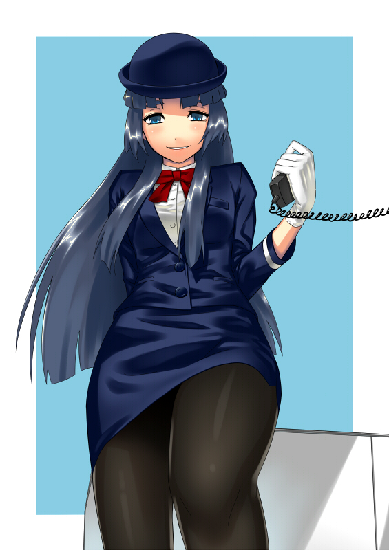 gonoike biwa, asakura ryoko, suzumiya haruhi no yuuutsu, bad id, bad pixiv id, 00s, 1girl, blue eyes, blue hair, female focus, flight attendant, long hair, matching hair/eyes, pantyhose, pencil skirt, skirt, solo, travel attendant