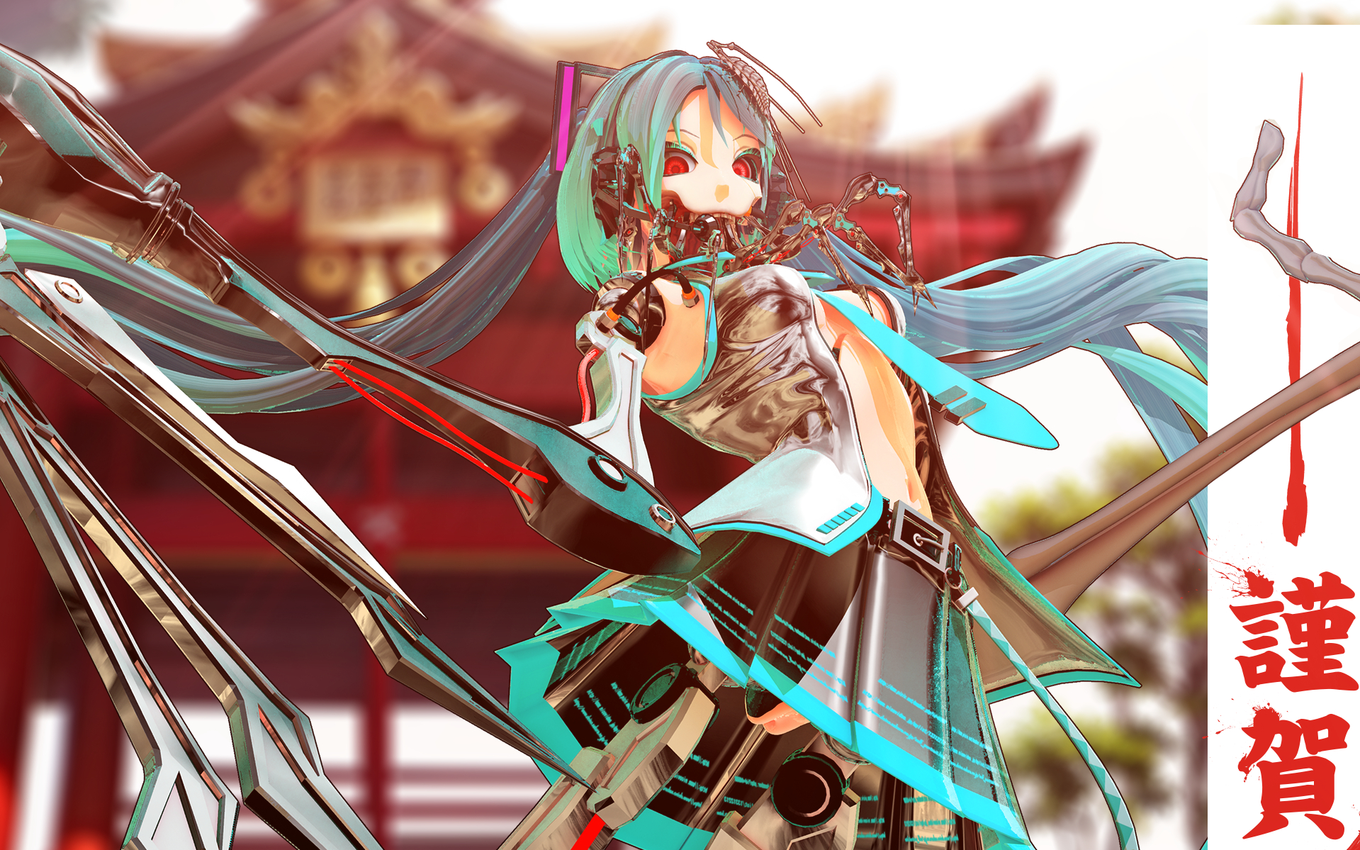deino (deino3330), calne ca (deino), hatsune miku, nato-kun, original, vocaloid, highres, 1girl, 3d, android, aqua hair, blue necktie, colored eyelashes, cosplay, gluteal fold, gradient hair, hatsune miku (cosplay), isopod, joints, long hair, looking at viewer, mechanical arms, mechanical legs, multicolored hair, navel, necktie, no panties, outdoors, red eyes, robot joints, shiny clothes, teeth, torii, twintails, upper teeth only, very long hair, wire