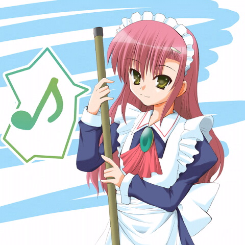 katsura hinagiku, hayate no gotoku!, lowres, non-web source, 00s, broom, long hair, maid, musical note, pink hair, solo, yellow eyes