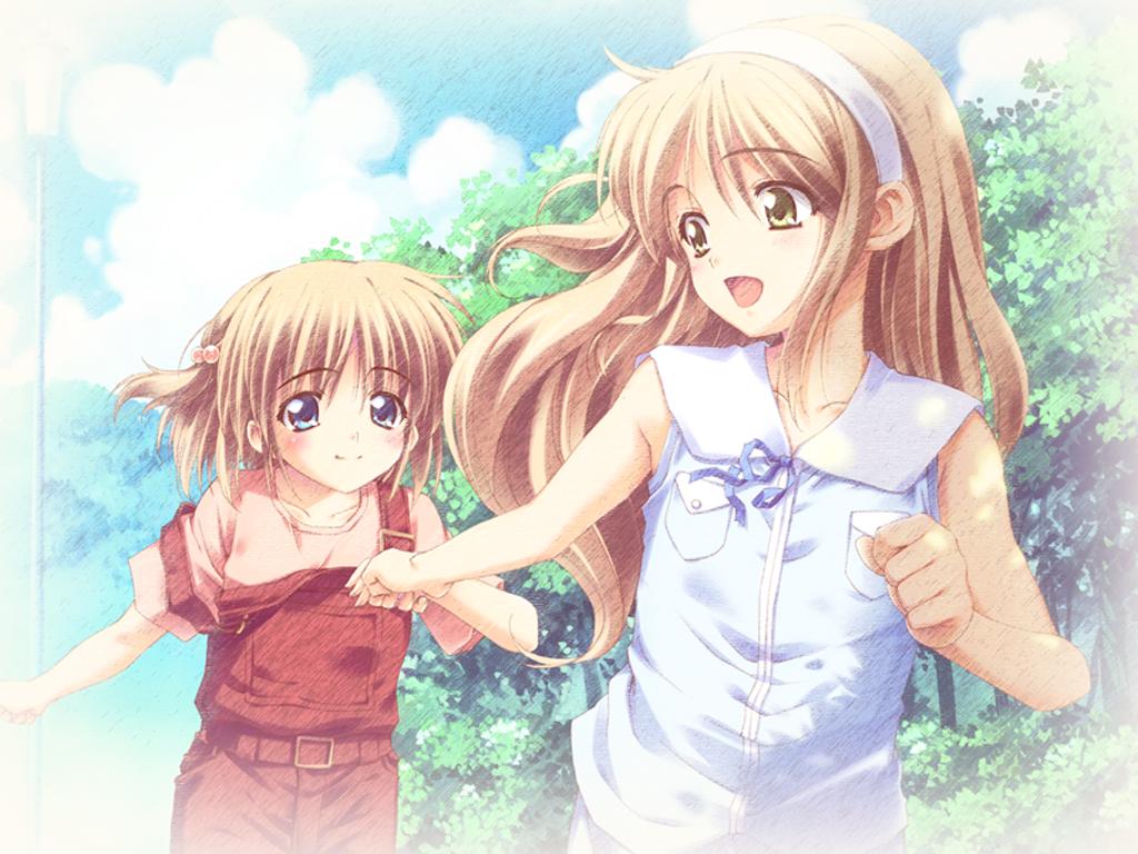 kusukusu, nonosaki akiho, nonosaki tsubasa, moshimo ashita ga hare naraba, non-web source, 2girls, aged down, blue eyes, blush, brown hair, child, green eyes, long hair, multiple girls, overalls, running, short hair, siblings, sisters