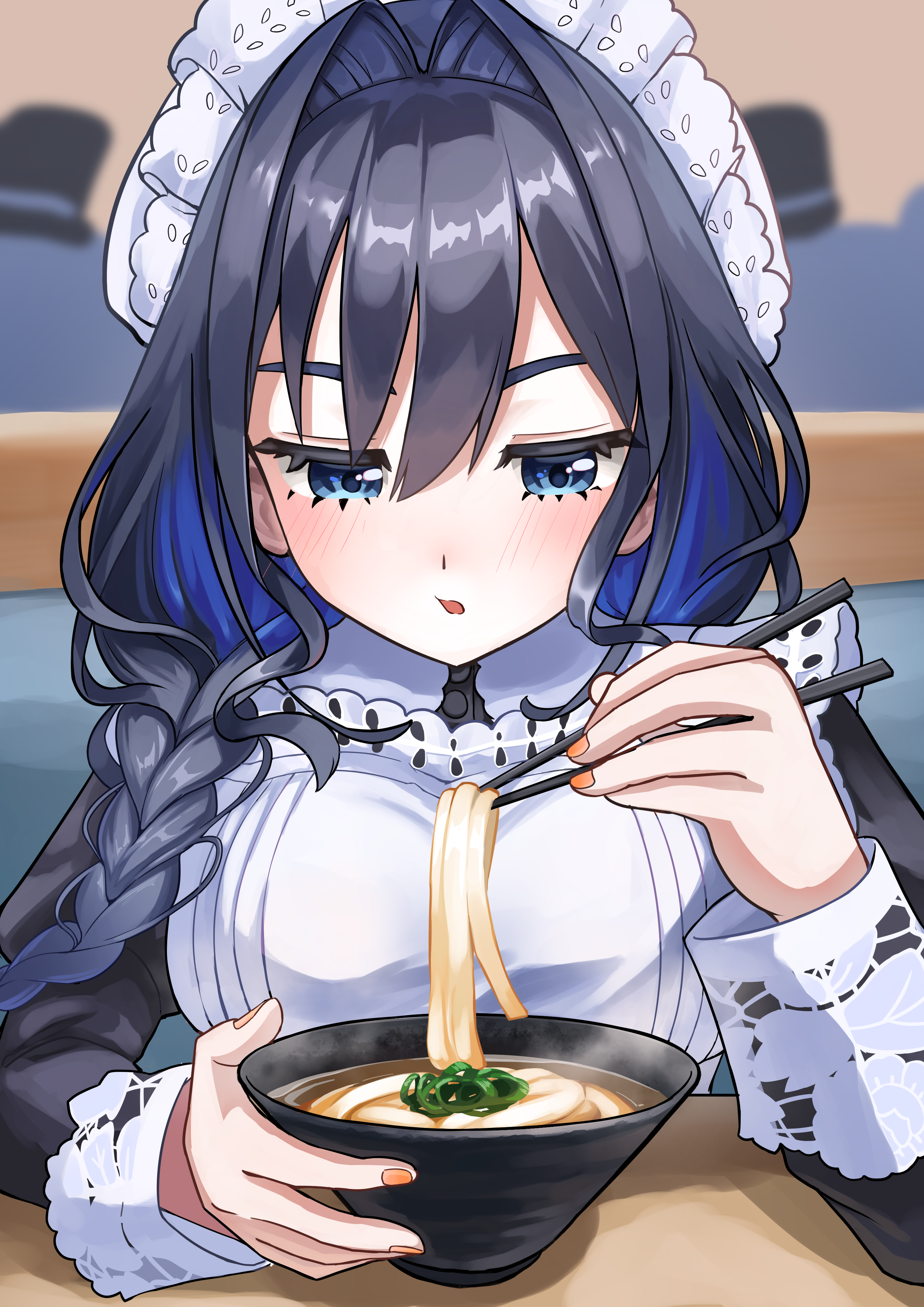 uminonin46978, ouro kronii, ouro kronii (maid), hololive, hololive english, absurdres, highres, 1girl, apron, black dress, blue eyes, blue hair, blush, bowl, chopsticks, dress, food, holding, holding bowl, holding chopsticks, looking at viewer, maid, maid headdress, noodles, official alternate costume, official alternate hairstyle, open mouth, ramen, solo, virtual youtuber, white apron
