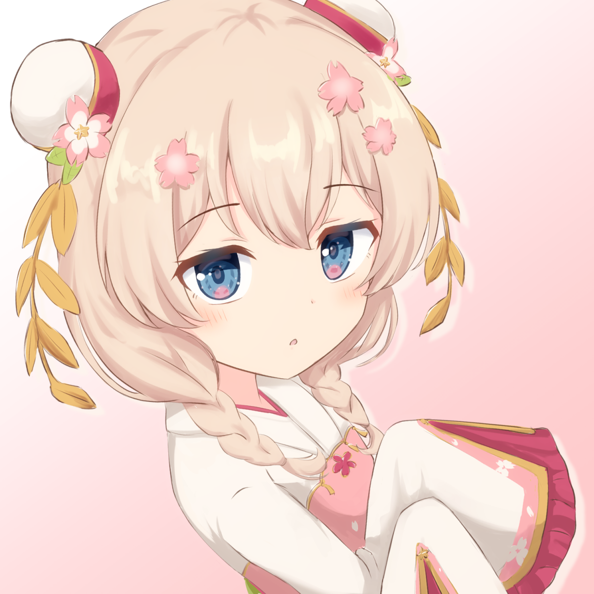 itoya 1108, asumi shuo, voicepeak, highres, 1girl, blonde hair, blue eyes, braid, double bun, hair bun, hair ornament, long sleeves, looking at viewer, pink sailor collar, sailor collar, simple background, solo, twin braids