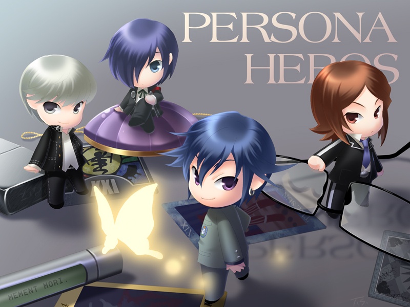 tsugumi suou, naoya toudou, narukami yu, philemon (butterfly), suou tatsuya, toudou naoya, yuuki makoto (persona 3), atlus, persona, persona 1, persona 2, persona 2 tsumi, persona 3, persona 4, bad id, bad pixiv id, 4boys, bug, butterfly, card, chibi, crossover, digital media player, digital walkman, glasses, insect, jewelry, lighter, male focus, mini person, miniboy, multiple boys, necklace, walkman nw-s203f