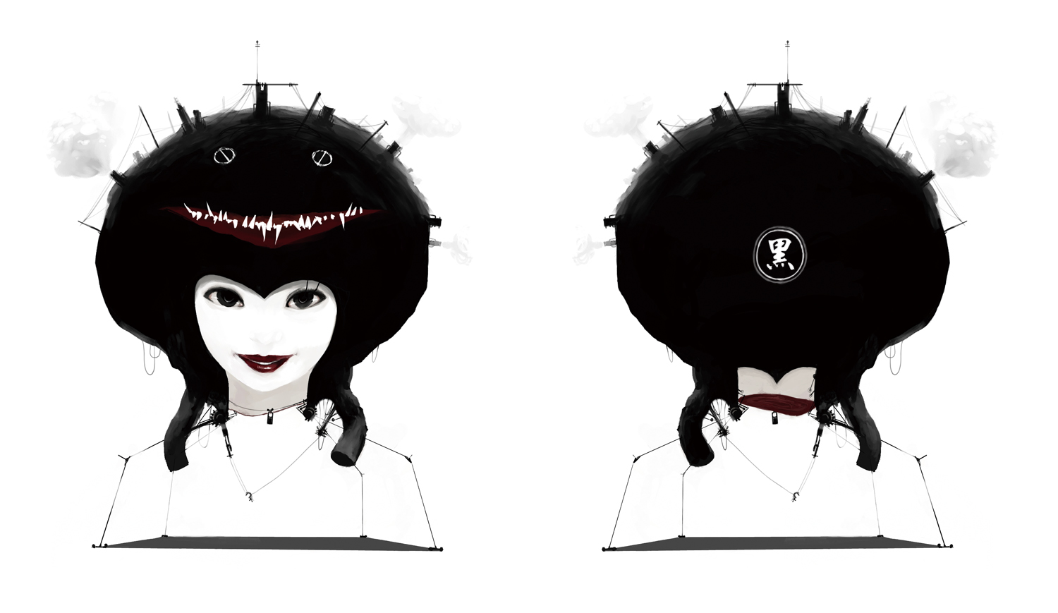 ldt, original, 1girl, creature, from behind, imitating, multiple views, severed head, sharp teeth, simple background, teeth, white background