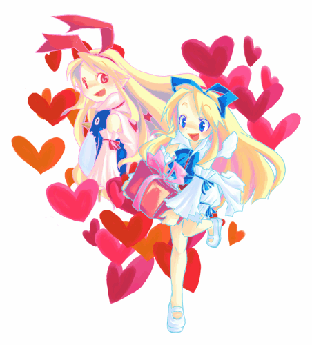 flonne, flonne (fallen angel), prinny, disgaea, makai senki disgaea, makai senki disgaea 2, makai senki disgaea 3, nippon ichi, lowres, 00s, bat wings, blonde hair, blue eyes, demon girl, dual persona, elbow gloves, fallen angel, gloves, long hair, mary janes, pointy ears, red eyes, ribbon, shoes, tail, time paradox, wings