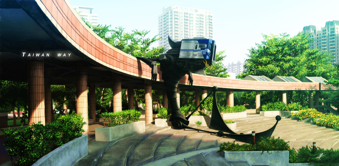 ldt, original, 1other, cityscape, foliage, leaning on object, machine, pillar, robot, scenery, sitting, train