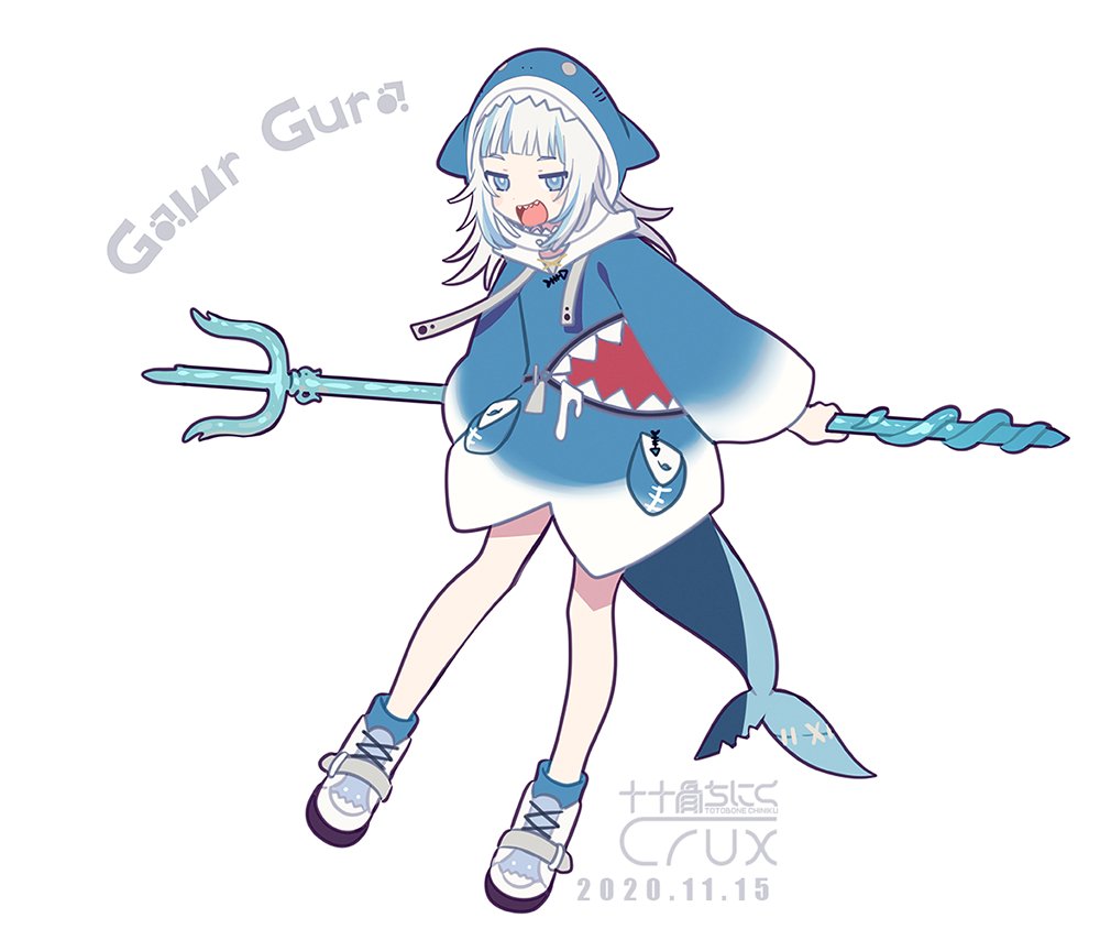 chinikuniku, gawr gura, gawr gura (1st costume), hololive, hololive english, 1girl, animal hood, artist name, blue eyes, blue hair, blue hoodie, blunt bangs, boots, buttons, character name, dated, fins, fish tail, full body, half-closed eyes, holding, holding polearm, holding weapon, hood, hoodie, long hair, long sleeves, looking at viewer, multicolored hair, open mouth, polearm, shark girl, shark hood, shark tail, sharp teeth, sidelocks, simple background, smile, solo, standing, tail, teeth, trident, two-tone hair, weapon, white background, white boots, white hair, wide sleeves, zipper