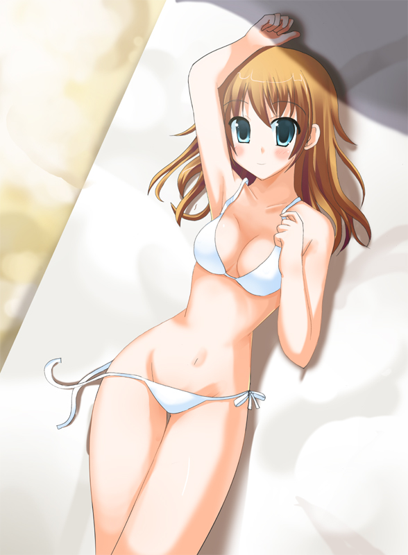 odaya, odayan, aqua eyes, bikini, blonde hair, long hair, lowleg, lowleg bikini, lying, side-tie bikini bottom, solo, swimsuit, white bikini