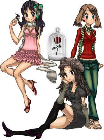 sasairebun, dawn (pokemon), green (pokemon), may (pokemon), nintendo, pokemon, pokemon adventures, pokemon dppt, pokemon frlg, pokemon rse, lowres, source request, 00s, 3girls, alternate costume, alternate headwear, birdcage, blue eyes, blue hair, brown eyes, brown hair, cage, casual, denim, dress, earrings, elbow gloves, fashion, flower, gloves, hairband, hat, high heel sandals, high heels, jeans, jewelry, long hair, multiple girls, newsboy cap, pants, rose, sandals, scarf, shoes, short hair, thighhighs