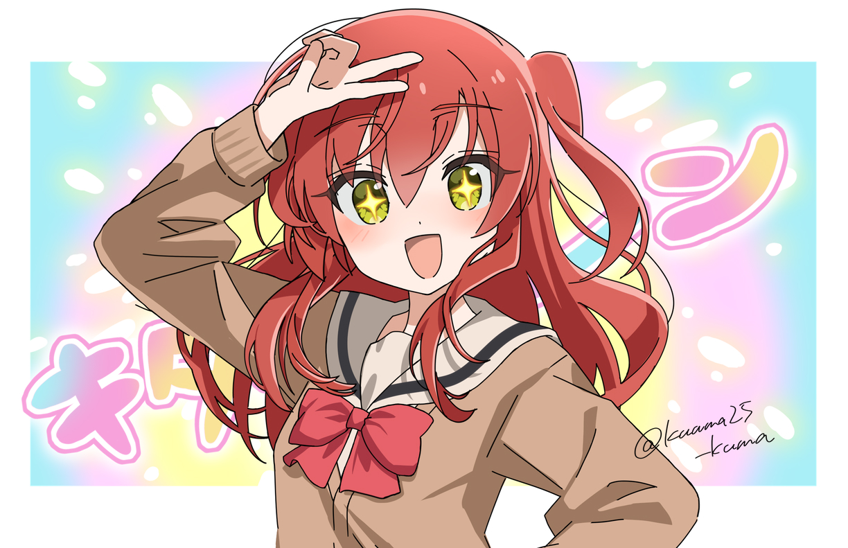 kuuma25 kuma, kita ikuyo, bocchi the rock!, 1girl, :d, arms up, artist name, bow, bowtie, brown cardigan, cardigan, long hair, one side up, open mouth, red bow, red bowtie, red hair, school uniform, serafuku, shuka high school uniform, smile, solo, tongue, twitter username, upper body, v, watermark