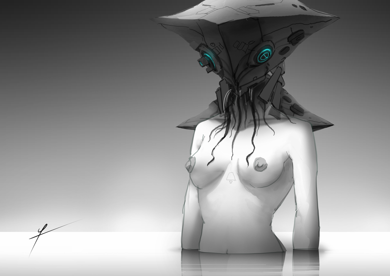 ldt, 1girl, colored skin, creature, cyborg, mouth tentacles, navel, nipples, partially submerged, solo, white skin