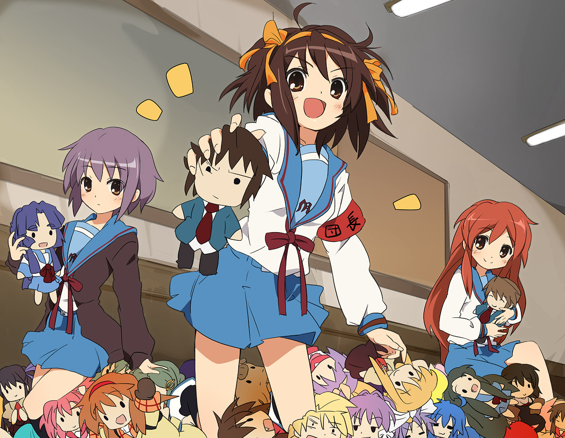 ixy, asahina mikuru, asakura ryoko, botan (clannad), fujibayashi kyou, hiiragi kagami, hiiragi tsukasa, izumi konata, kamio misuzu, kimidori emiri, kobayakawa yutaka, kusakabe misao, kyon, misaka shiori, nagato yuki, sunohara youhei, suzumiya haruhi, toono minagi, tsukimiya ayu, tsuruya, air (visual novel), clannad, kanon, kyoto animation, lucky star, suzumiya haruhi no yuuutsu, annotated, 00s, 3girls, blush, character doll, company connection, crossover, doll, everyone, multiple girls, puppet, school uniform, serafuku, skirt, smile