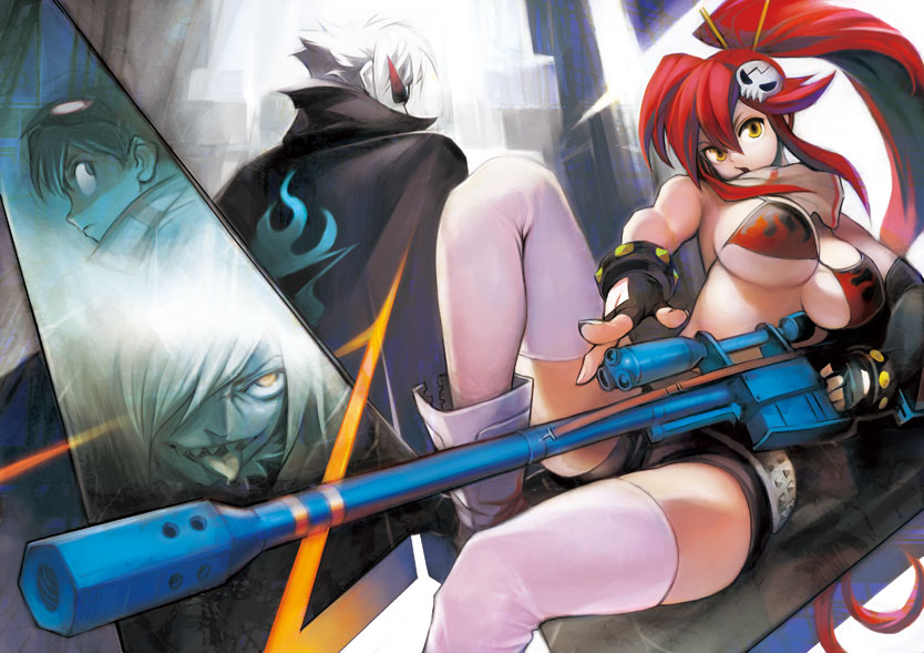 kodama yuuki, kamina (ttgl), simon (ttgl), viral (ttgl), yoko littner, tengen toppa gurren lagann, 00s, 1girl, 3boys, anti-materiel rifle, bikini, bikini top only, boots, breasts, fingerless gloves, gloves, gun, hair ornament, large breasts, long hair, midriff, multiple boys, pink thighhighs, ponytail, red hair, rifle, shorts, sniper rifle, swimsuit, thighhighs, underboob, weapon