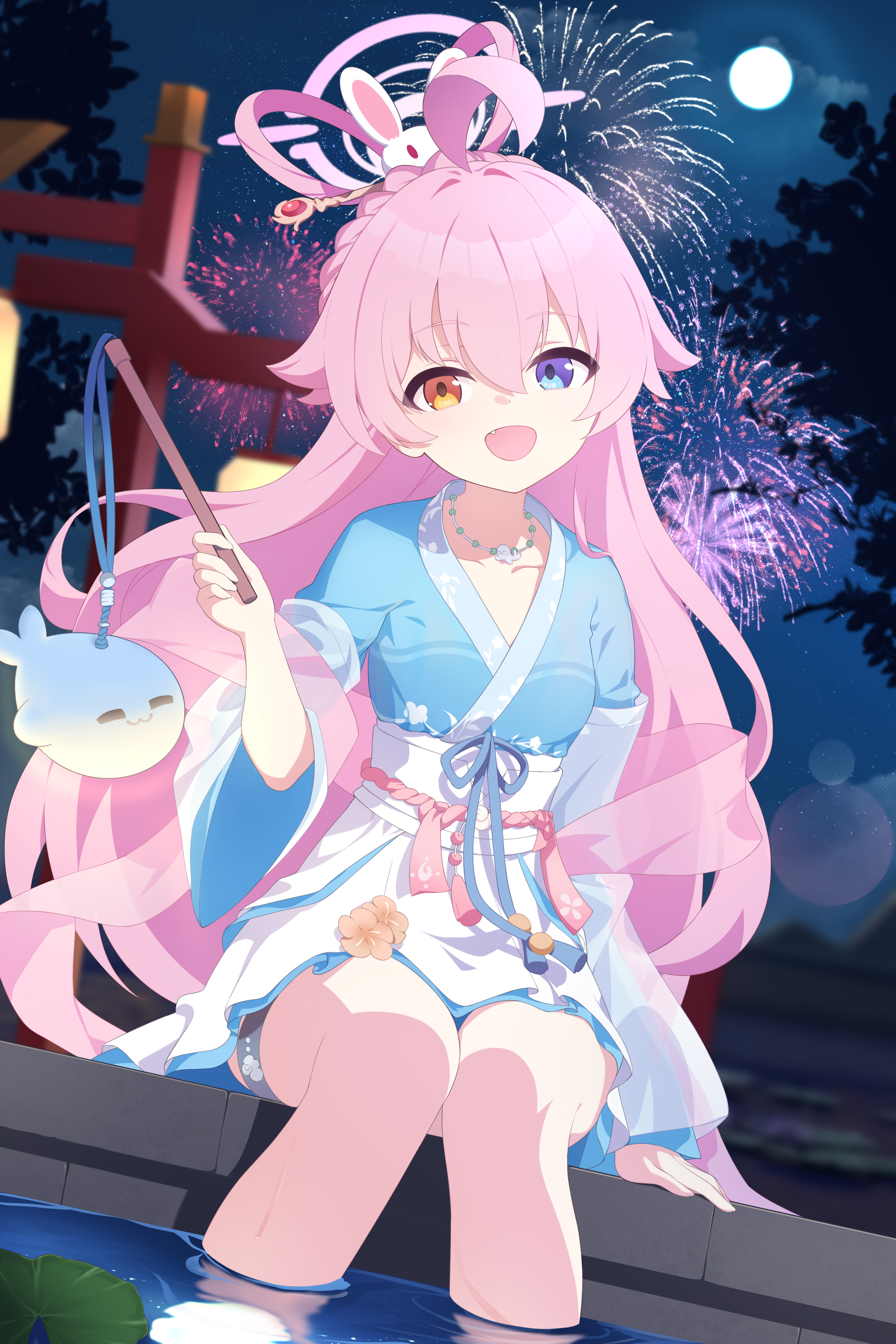 kuroida, hoshino (blue archive), blue archive, absurdres, highres, 1girl, ahoge, alternate costume, blue dress, chinese clothes, dress, fang, fireworks, full moon, hair rings, halo, hanfu, heterochromia, holding, holding lantern, huge ahoge, jewelry, lantern, long hair, looking at viewer, mid-autumn festival, moon, necklace, night, night sky, pink hair, pink halo, sitting, sky, smile, soaking feet, thigh strap