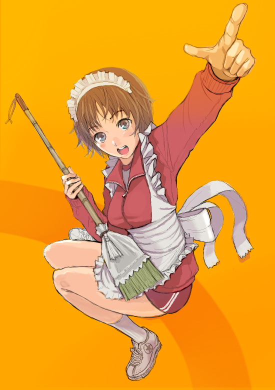 honoji, original, 1girl, arm up, blue eyes, broom, brown hair, female focus, maid, maid headdress, orange background, pointing, shoes, sneakers, solo