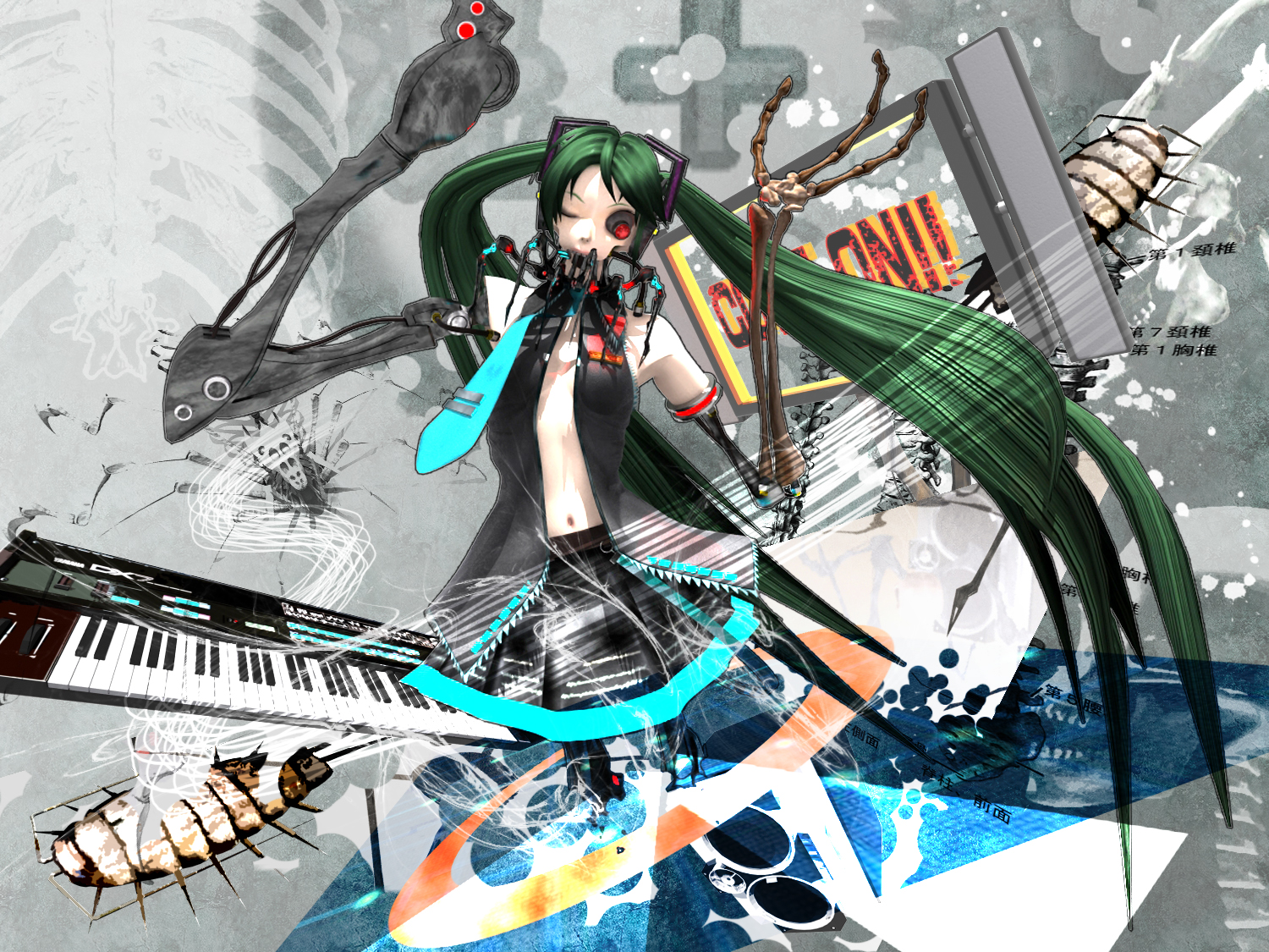 deino (deino3330), calne ca (deino), hatsune miku, nato-kun, original, vocaloid, 2009, 3d, abstract background, android, artificial eye, blue necktie, cosplay, green hair, hatsune miku (cosplay), instrument, isopod, long hair, mechanical arms, mechanical eye, mechanical legs, microphone stand, navel, necktie, no bra, one eye closed, pleated skirt, skeletal arm, skirt, synthesizer, television, twintails, very long hair, wire