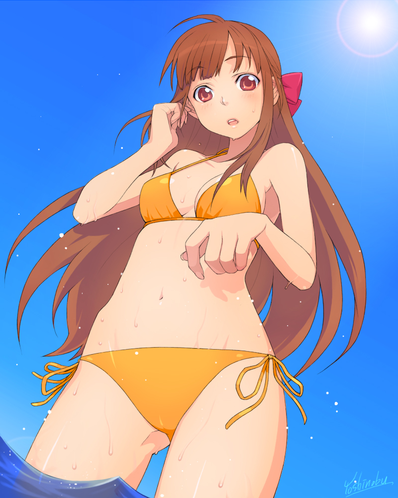 chimachi, bad id, bad pixiv id, 1girl, bikini, brown hair, day, female focus, long hair, orange bikini, red eyes, side-tie bikini bottom, solo, swimsuit, wading, water, wet